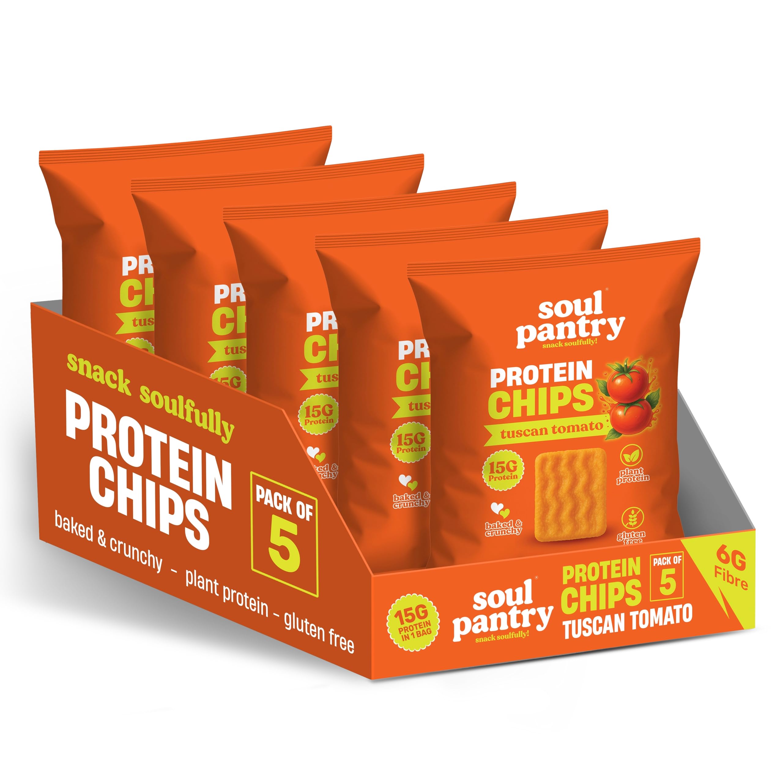 Soul Pantry Protein Chips – Tuscan Tomato Flavor - 5 Pack| High Protein, Gluten Free, Vegan, Healthy Snack | Plant-Based Baked Chips, Non-GMO |