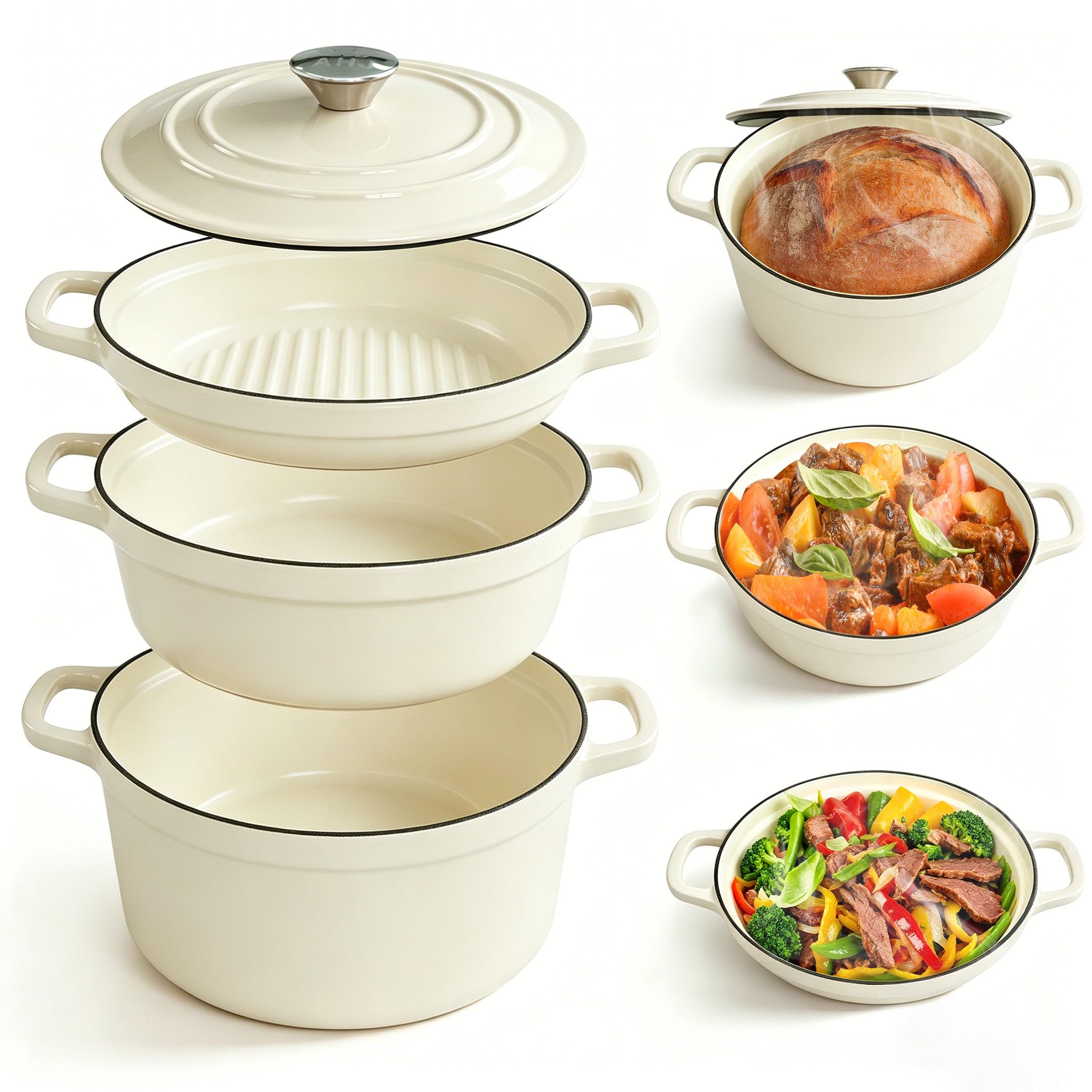 AHJ Enameled Cast Iron Dutch Oven Set Cream White