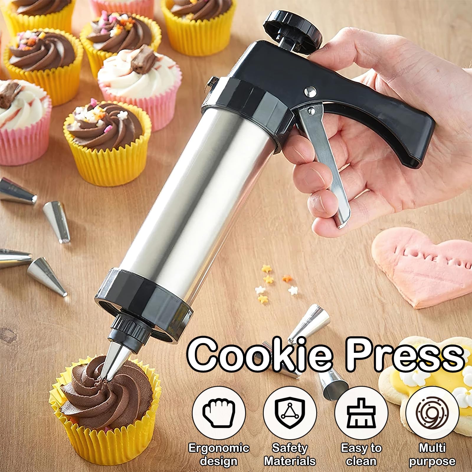 Cookie Press Gun Kit, Stainless Steel Cookie Press for Baking, Christmas DIY Cookies Press Maker Set with 13 Discs and 8 Icing Tips, Multifunctional Detachable Cookie Maker Machine for Biscuits