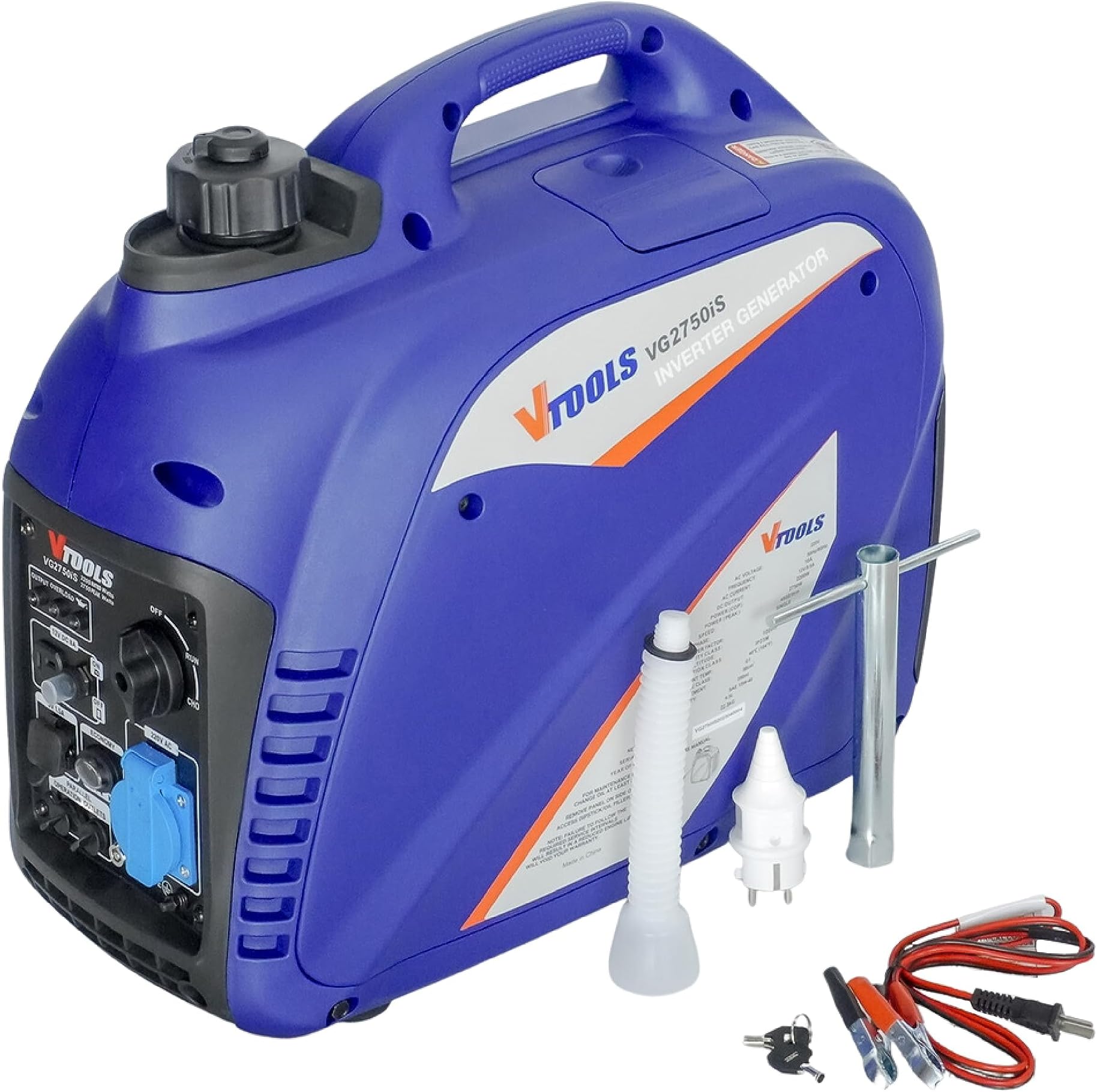 VTOOLS2750W Recoil High-Performance Portable Silent Generator,50/60Hz, 100cc 4-Stroke Engine,USB, DC Output, Compact Carrying Case, Parallel Outlet, Fuel-Efficient, Blue, VG2750iS