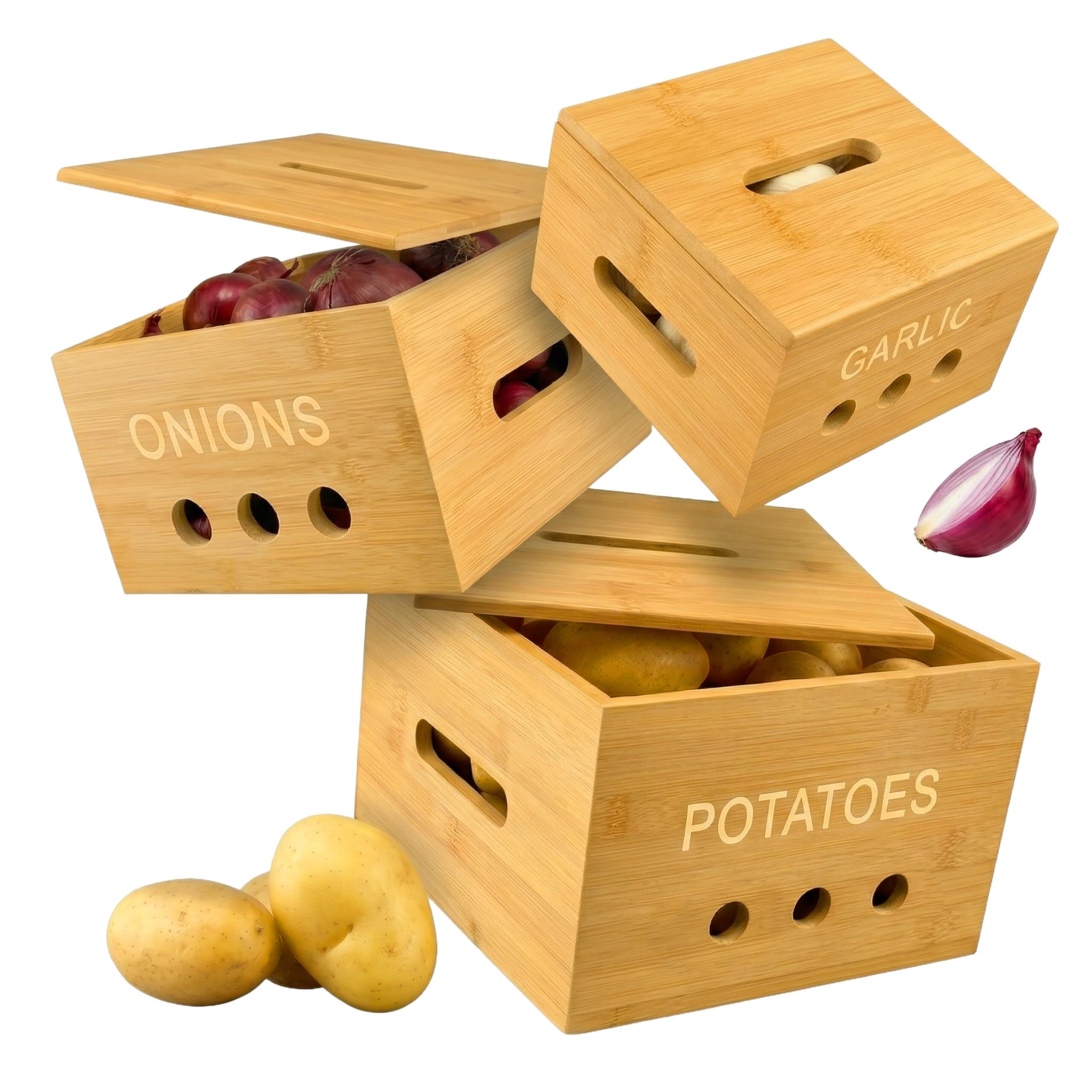 Relaxdays Cajas de almacenamiento de bambú natural, 3 tamaños, cocina | para patatas, cebollas y ajo