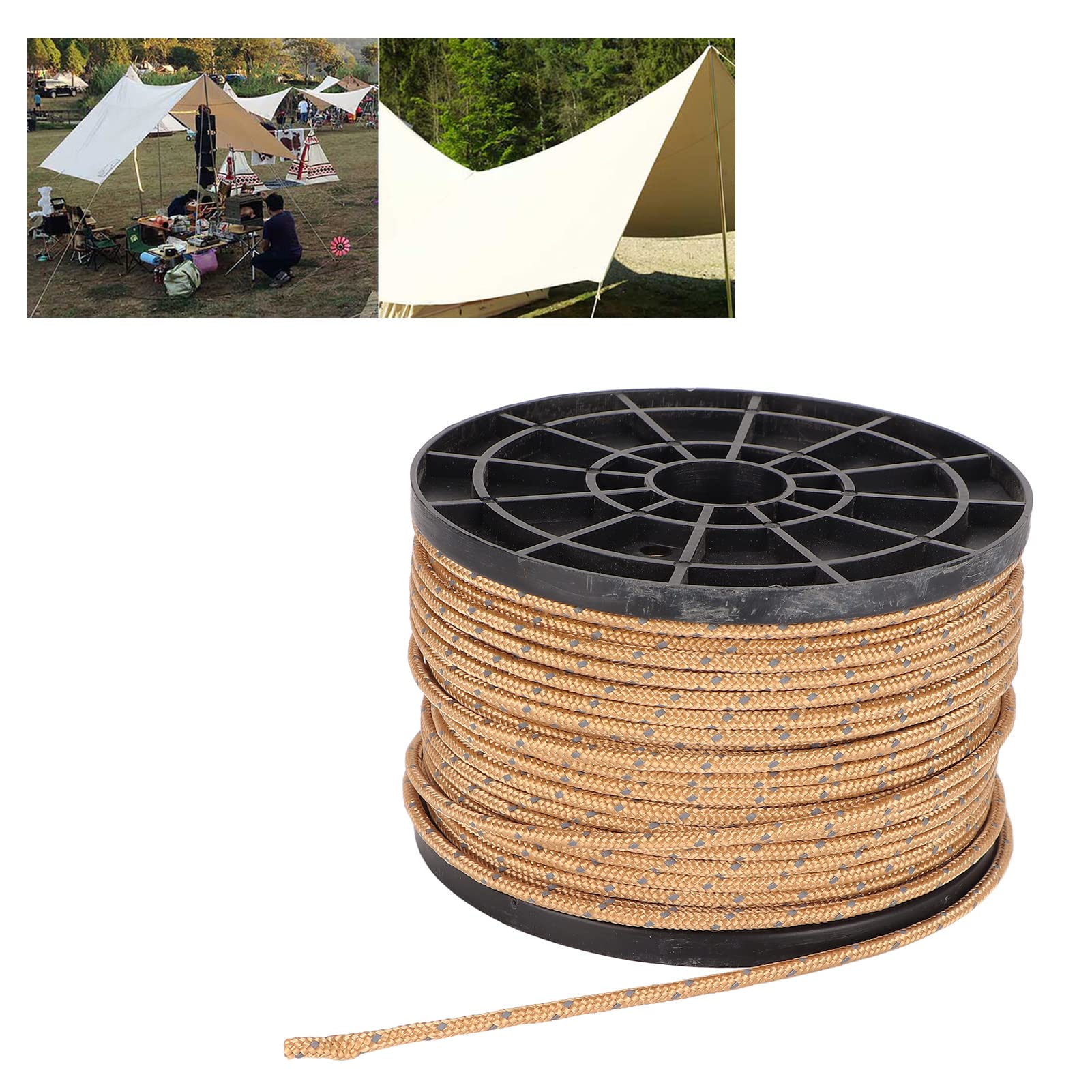 Camping Tent Rope 50m, Density PP Material, Khaki Color with Reflective Feature for Outdoor Camping Garden Construction