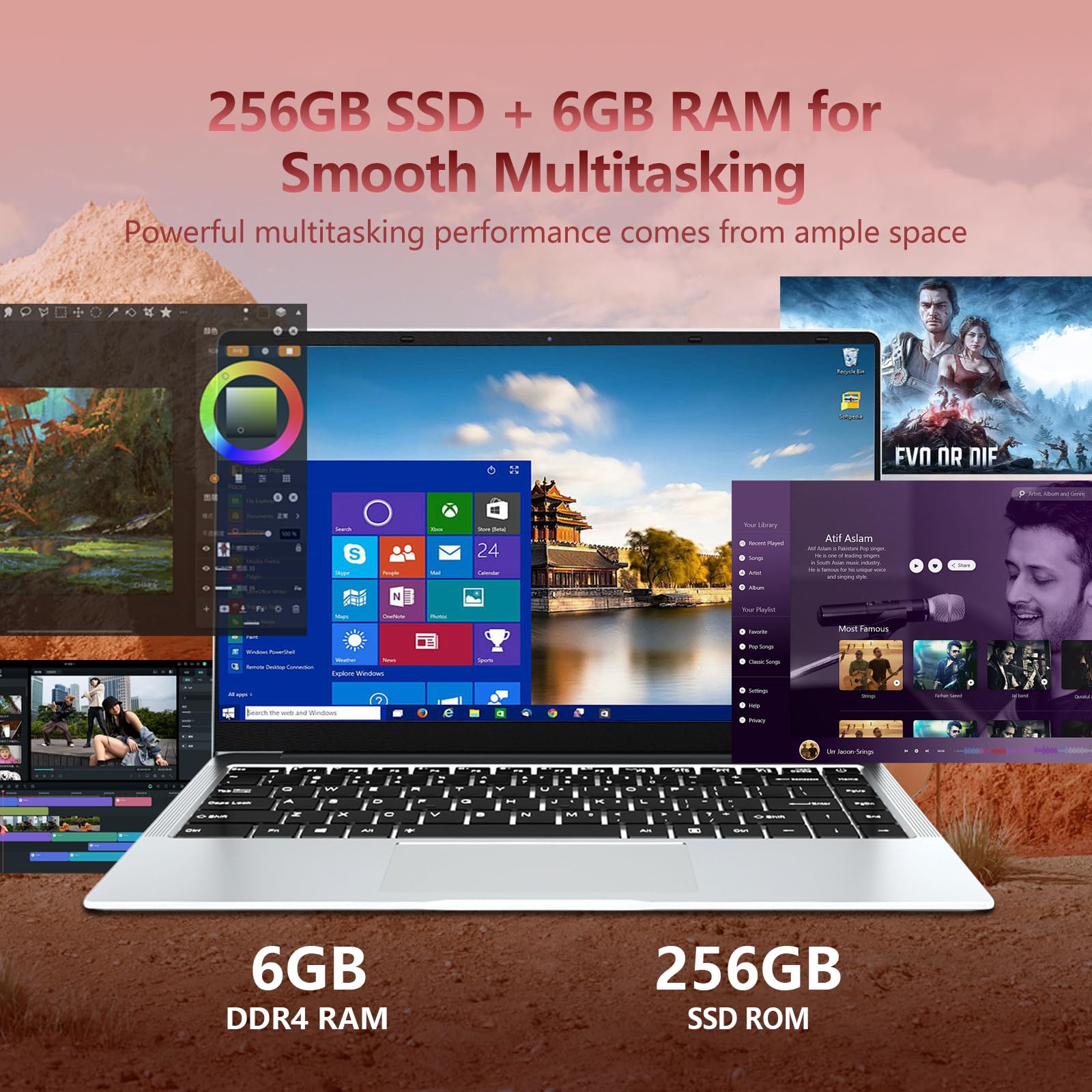 14,1 Pollici PC Portatile, Notebook Celeron N4000 Processor, Win11 PC Portatile 6GB LPDDR4 RAM 256GB SSD, 1920*1080P Schermo 80°Flip, UHD Graphics 600, Mini-HDMI/USB3.0, Batteria 7.6V/5000MA