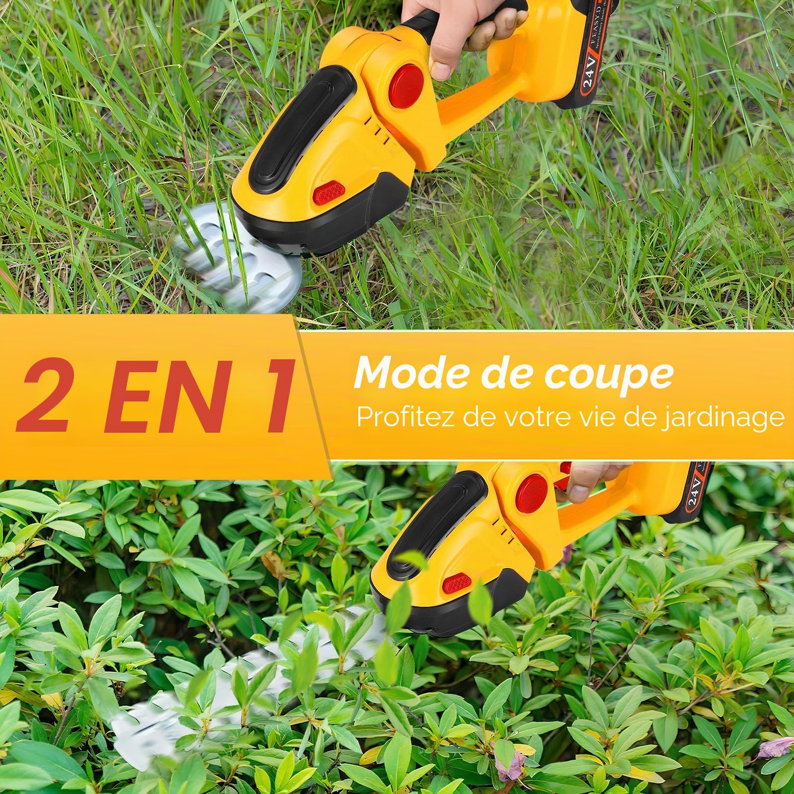 Cisaille à Gazon sans Fil, 2 en 1 Taille Haie Electrique avec 2 Lames, Longueur de Lame : 22 cm (Arbustes) / 13,2 cm (Herbe), Batterie 1500mAh et Type C, Sculpteur de Végétaux pour Couper Les Haies
