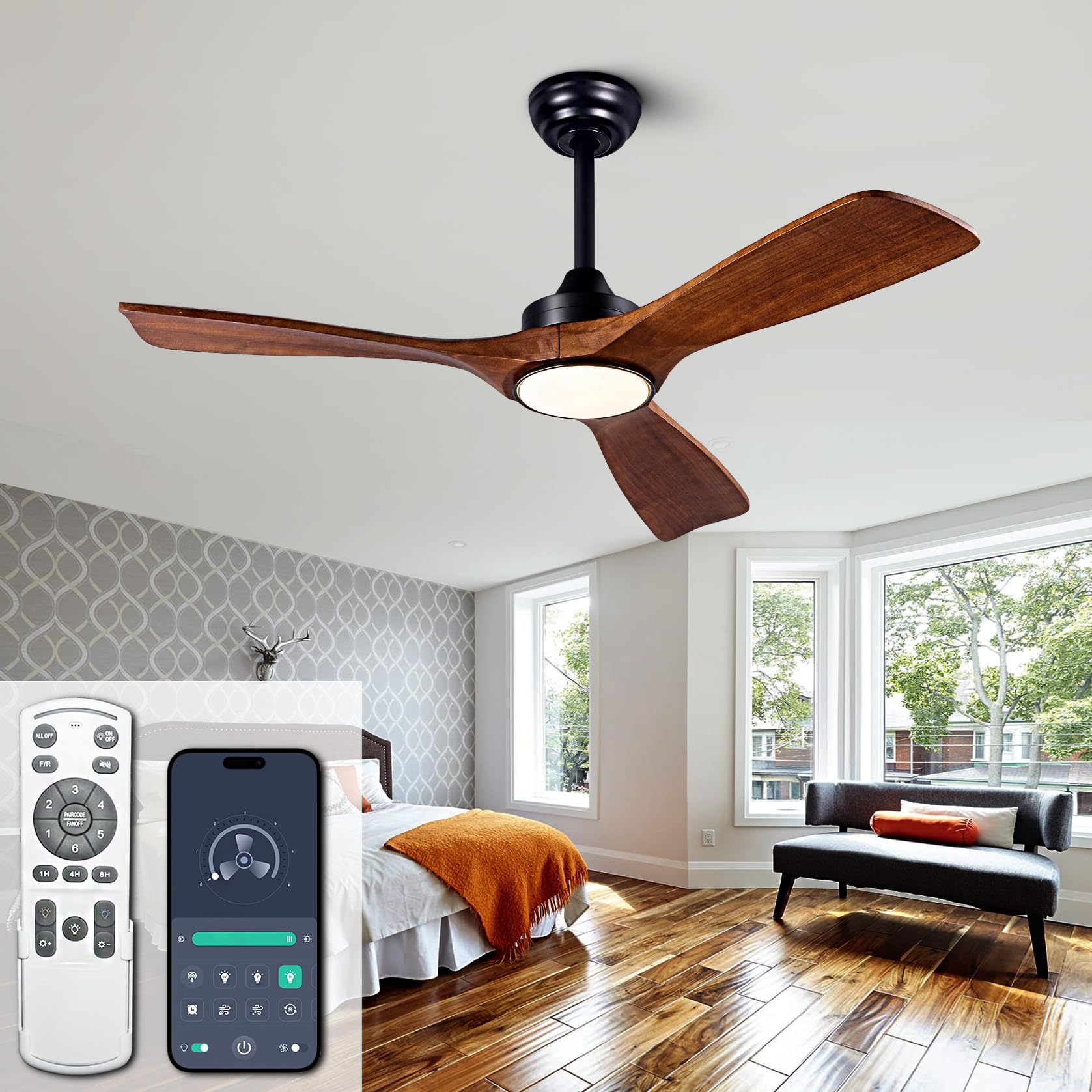 Ceiling Fans with Lights, 42 Inch Ceiling Fans with Remote/APP Control,3CCT Dimmable Light,Noiseless Reversible DC Motor,3 Solid Wood Blades,Indoor/Outdoor Ceiling Fan for Bedroom,Farmhouse,Patio