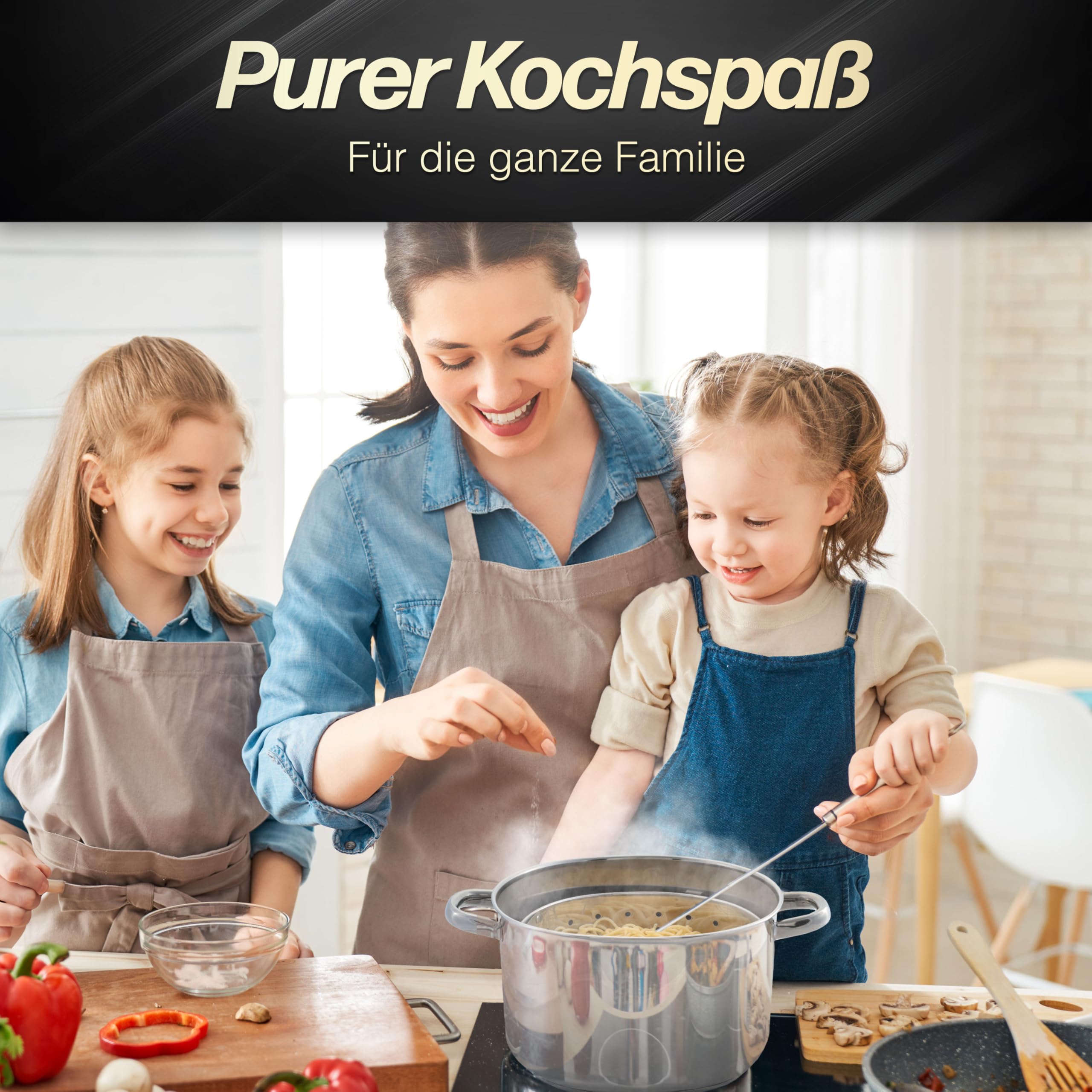 Beyond Nudeltopf 24 cm, Edelstahl Kochtopf mit Glasdeckel und herausnehmbarem Siebeinsatz, Pastatopf für Induktion und alle Herdarten geeignet, auch zum Braten und Suppen zubereiten verwendbar