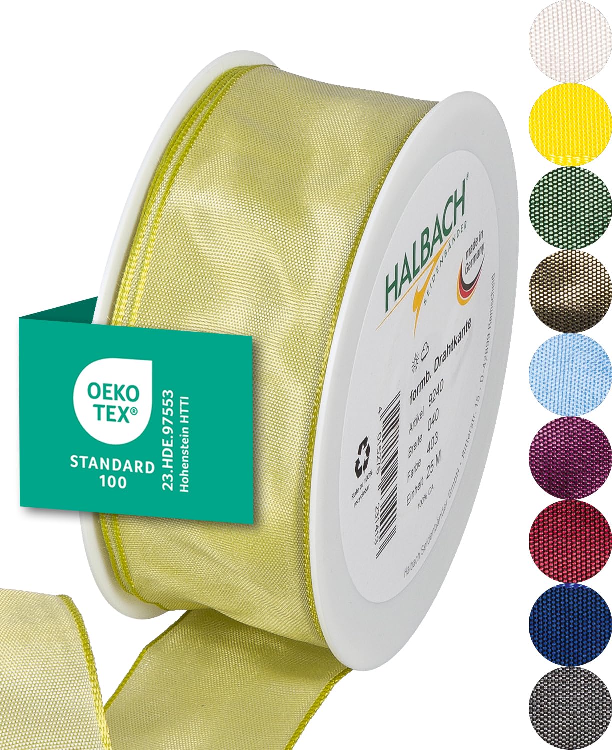 Halbach Seidenbänder Premium Geschenkband mit Drahtkante | Breite 40mm Länge 25m | Öko-Tex 100 zertifiziertes Schleifenband | Taftband Made in Germany, Farbe: hellgrün
