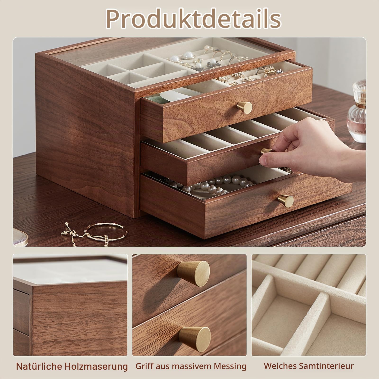 Schmuckaufbewahrung Schmuckkasten Klein Schmuckkästchen aus Holz für Damen, Massivholz Schmuckschatulle Schmuckbox Holz mit Glasabdeckung 3 Schubladen Schmuckkiste für Ringe Halskette