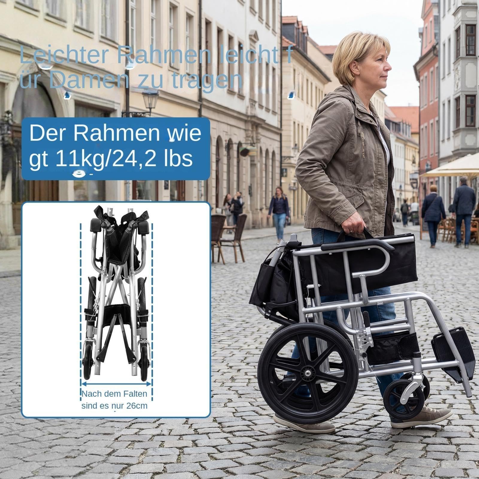 Silla de ruedas ultraligera, plegable, ligera, 11 kg, asiento de 45,5 cm, soporte de seguridad, cinturón de seguridad, silla de ruedas estrecha para apartamentos, capacidad de carga de 100 kg, para