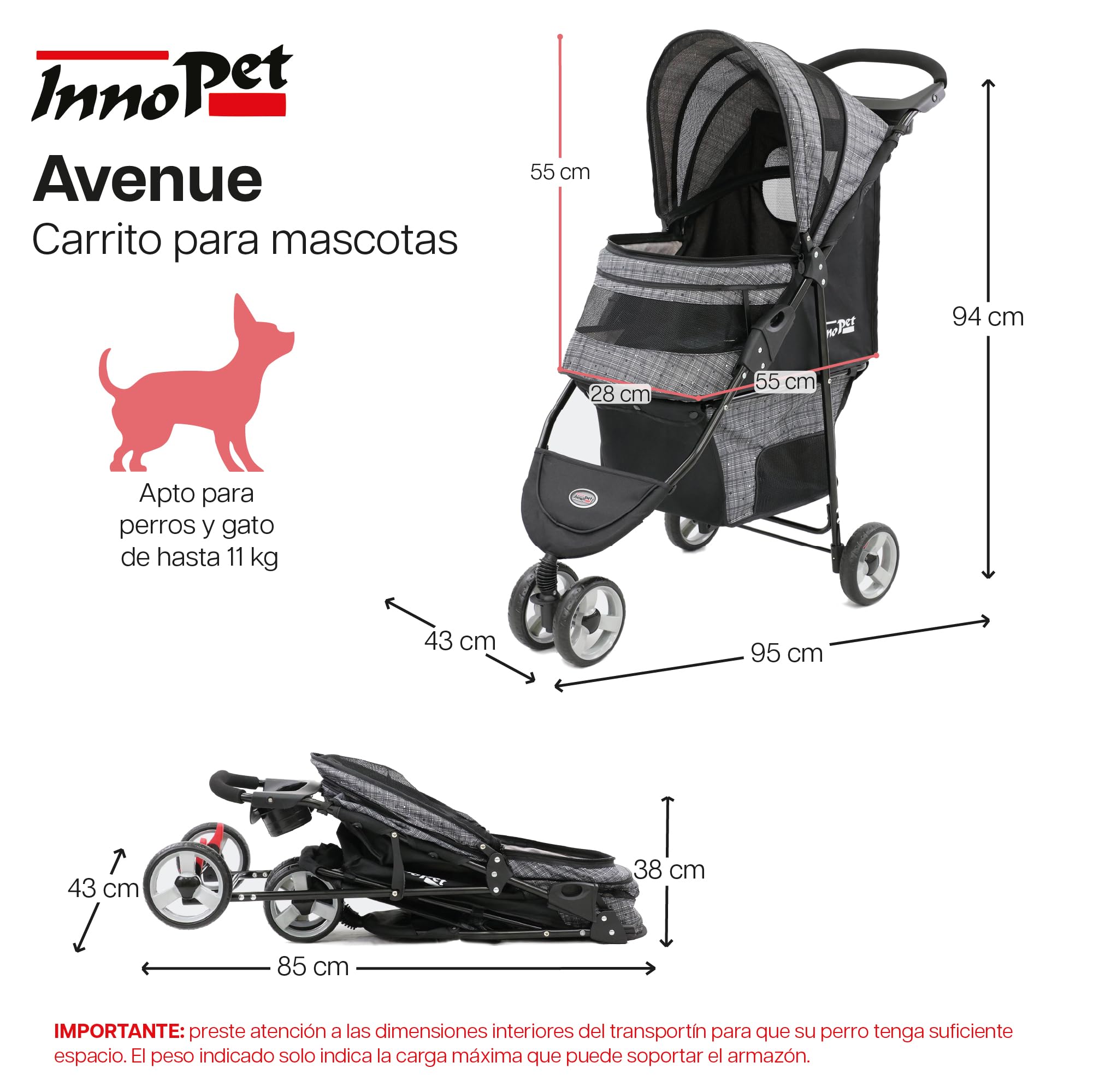 Innopet Avenue gris mezclado - Cochecito urbano plegable de 3 ruedas para perros y gatos, incluye cubierta de lluvia, correas de seguridad y cesta inferior