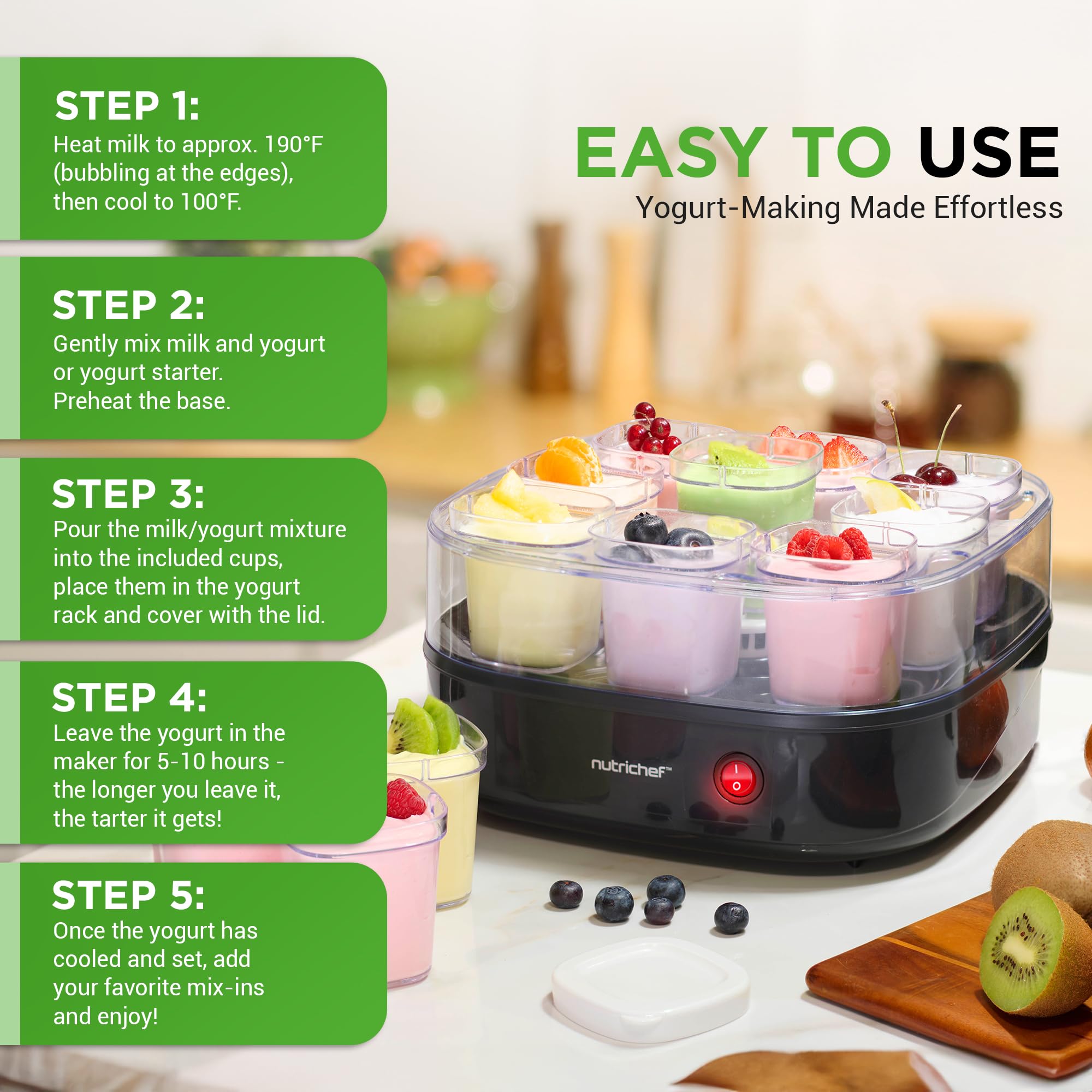 Nutrichef Máquina automática de Yogurt – Incluye 9 Tazas Reutilizables de 5 onzas con Tapas para Almacenamiento instantáneo, Negro
