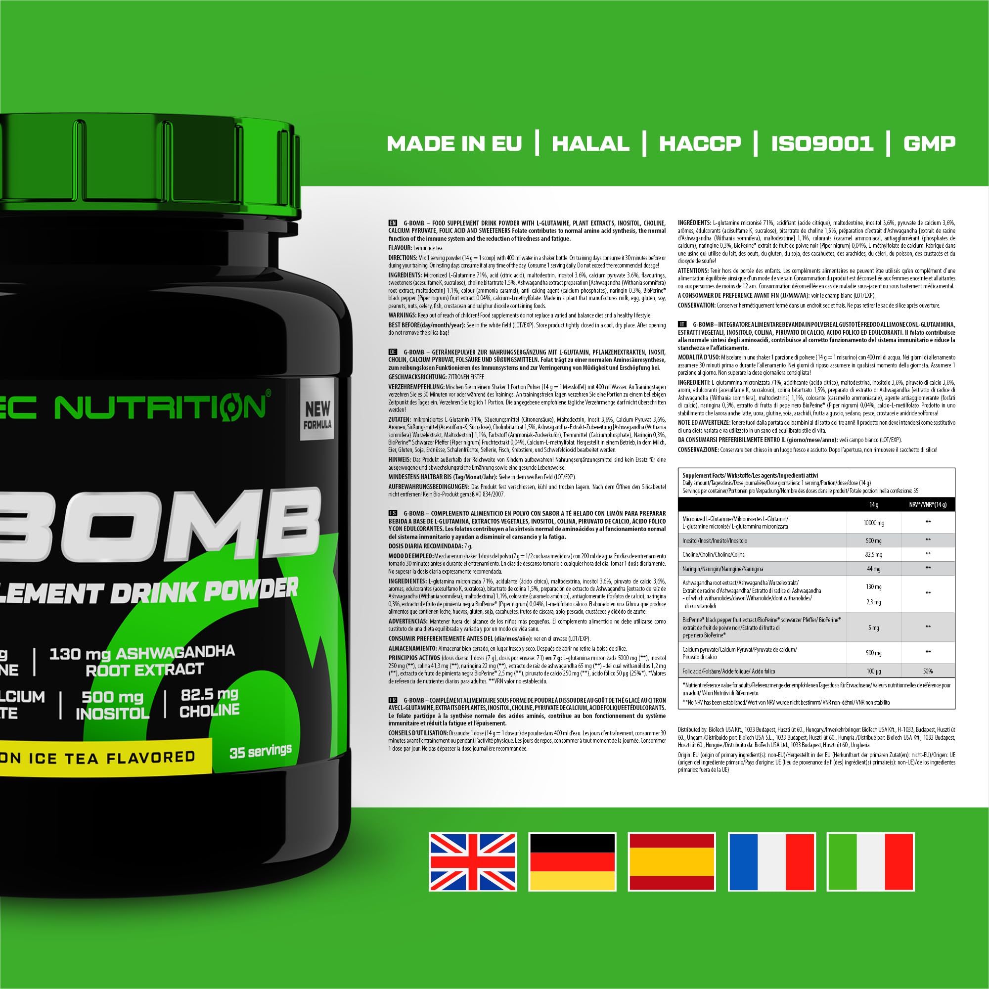 Scitec Nutrition G-Bomb | L-Glutamina | Extractos Vegetales | Inositol, Colina y Naringina | con Piruvato de Calcio, 500g, Té helado de limón