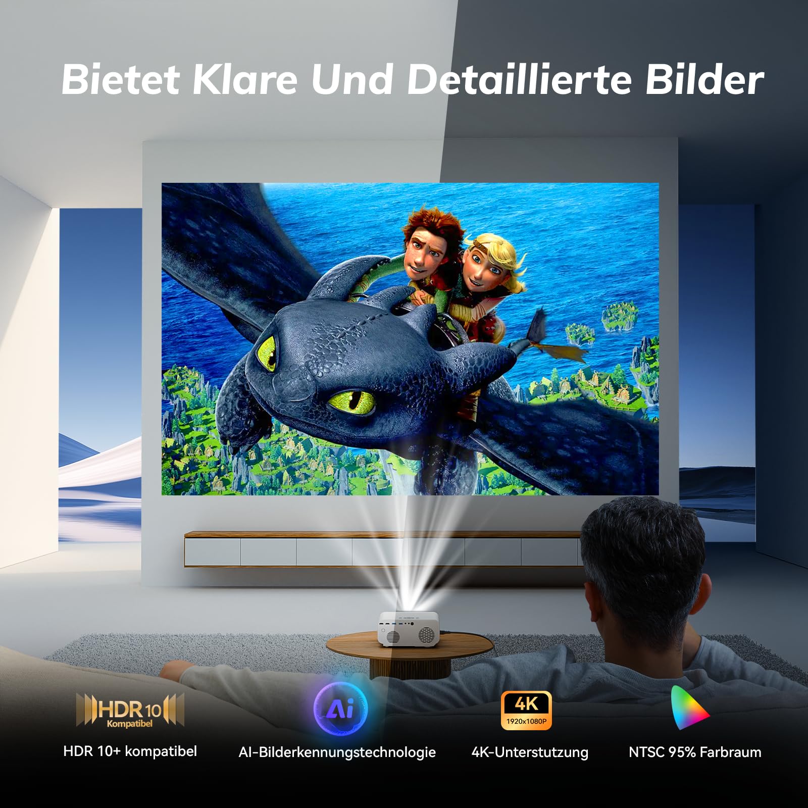 Proiettore 4K, app con licenza ufficiale, messa a fuoco automatica 1300 ANSI e correzione trapezoidale 6D, proiettore smart home theater, Zoomcat 1080P Full HD, WiFi6, Bluetooth 5.3, proiettore per