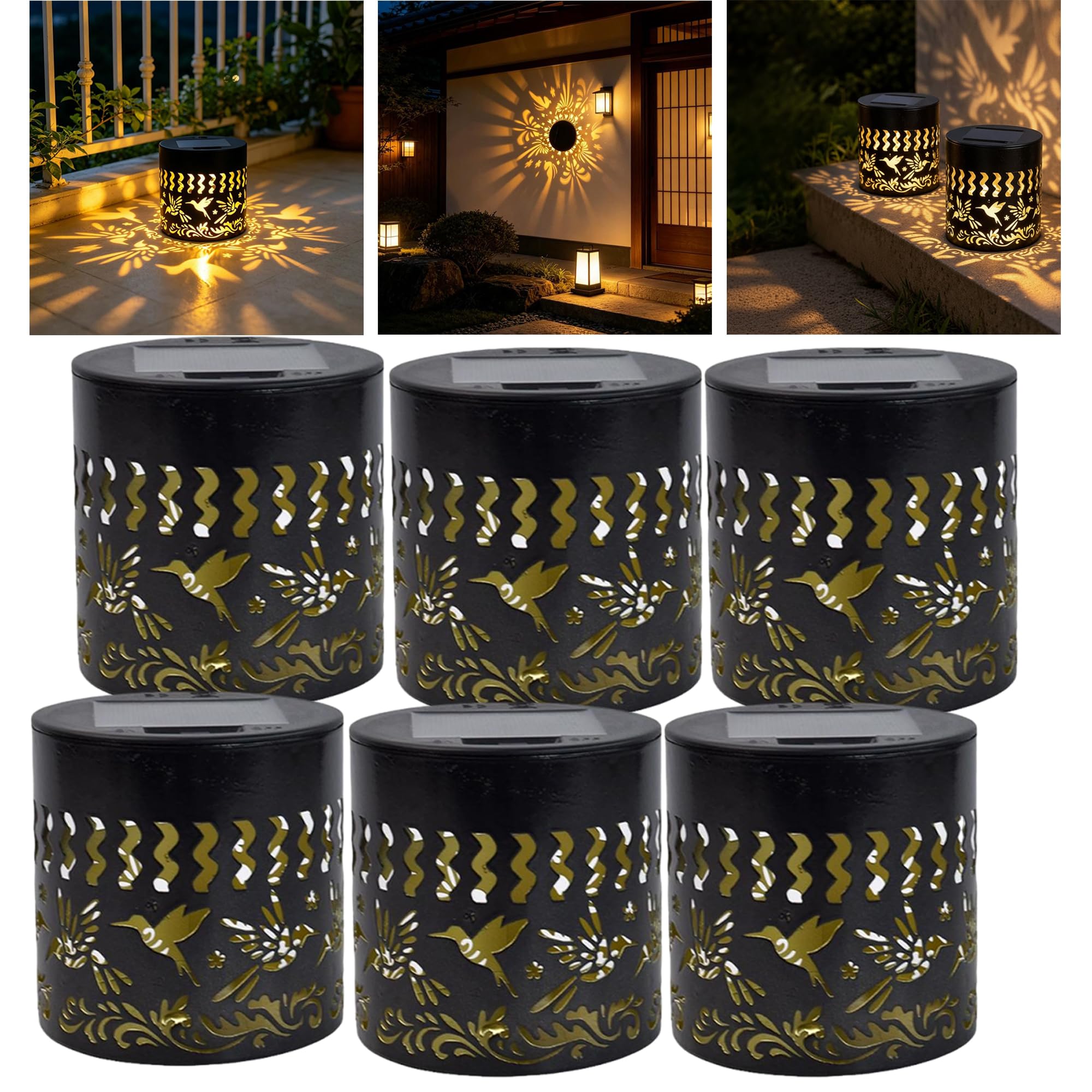 6 PCS Decorative Solar Mandala Lights, Solar Fence Lights Outdoor Waterproof | Hollow Hummingbird Pattern Sola-r Powered WallLights for Backyard Patio Deck Garden Decor