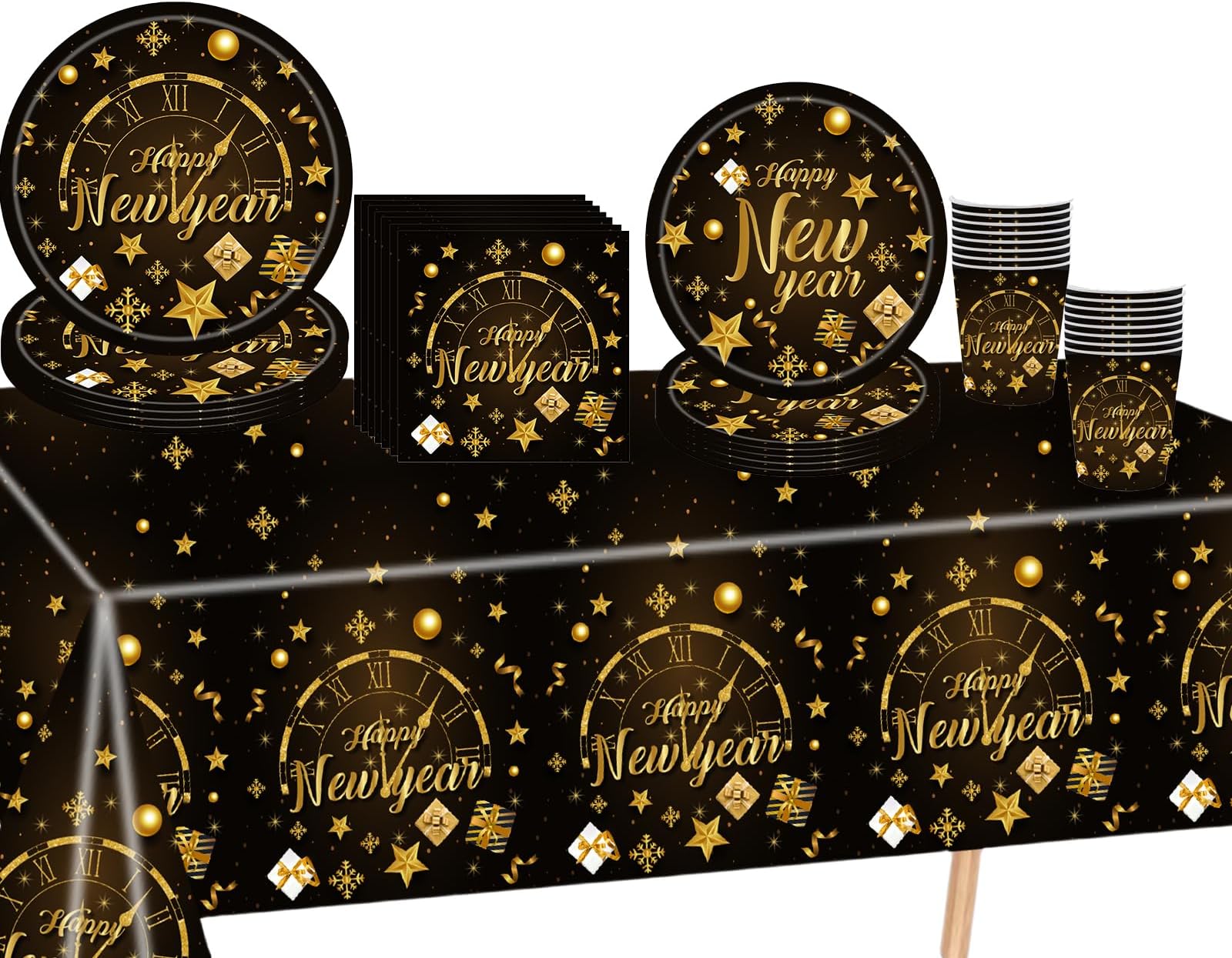 69Pcs Happy New Year Eve Party Tableware Plastic New Years Table Cloth Cover,Paper Plates,Napkins and Cup,Black Gold Dinnerware Set for 2026 Happy New Year Eve Party Decorations Suppliers