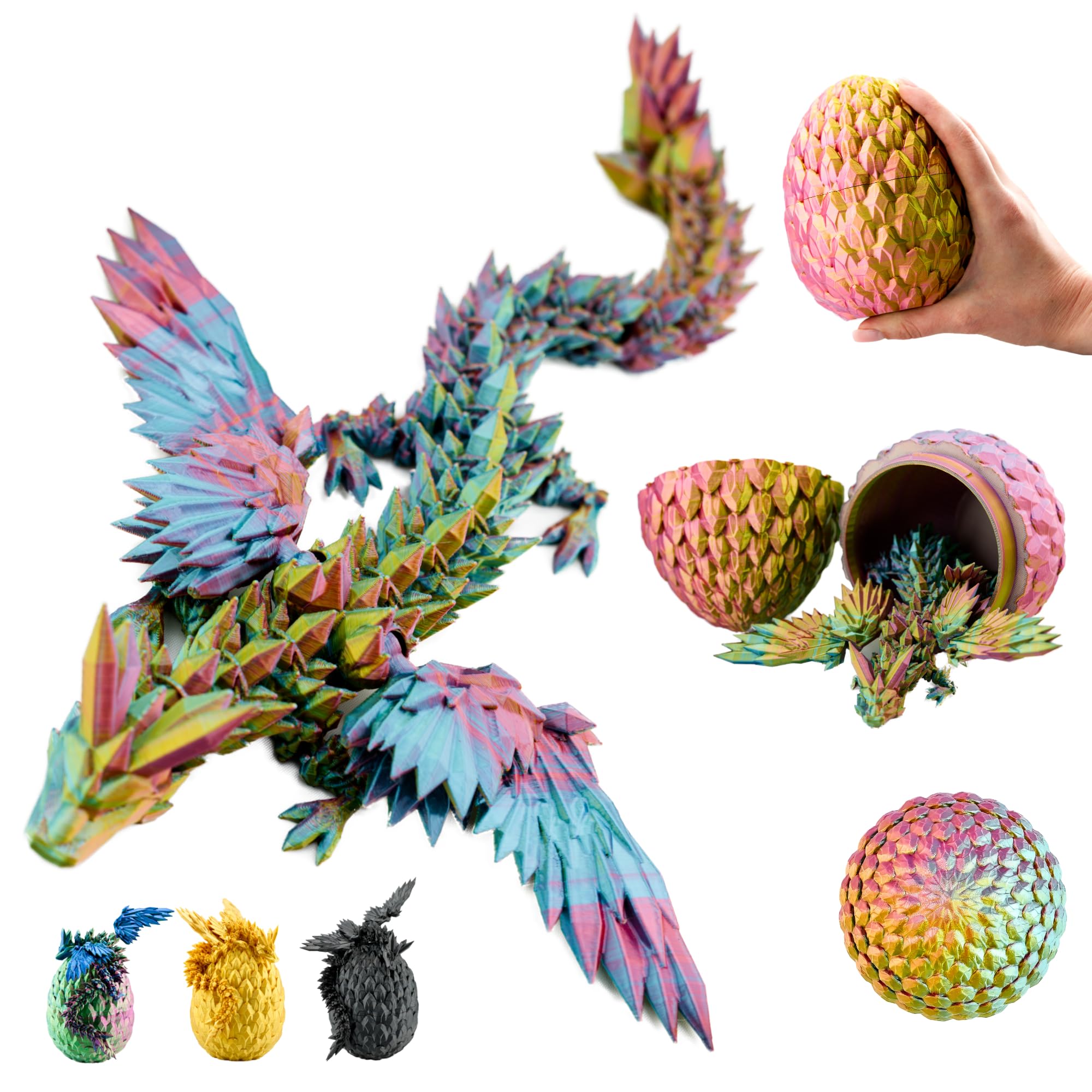 3D Dragon Figure with Wings in Egg - 9.06 inches (23 cm) Fantasy Toy, Movable Collectible for Kids (Red-Yellow-Green)