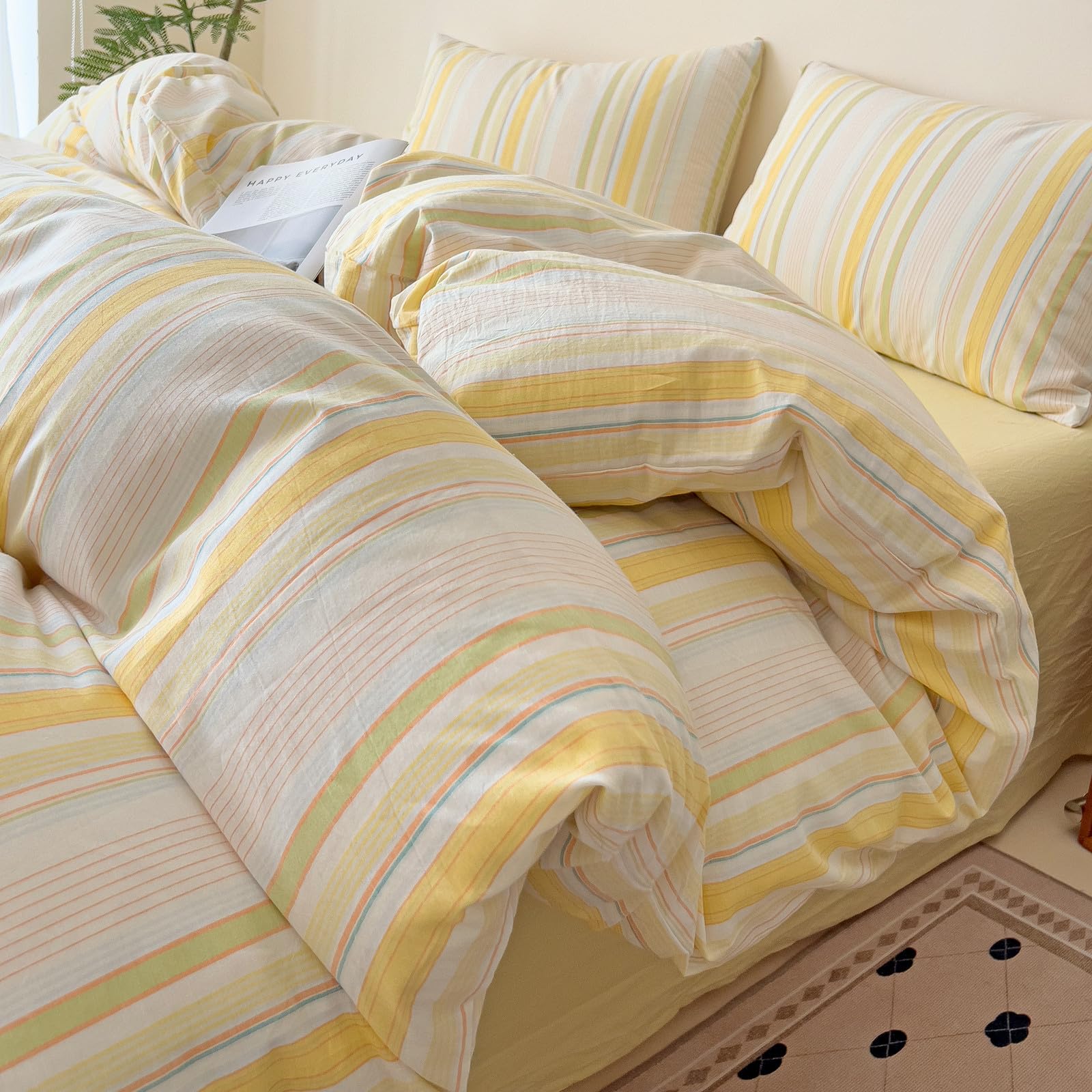 Striped Duvet Cover Set Washed Cotton,King(104"x90"),Yellow Stripes
