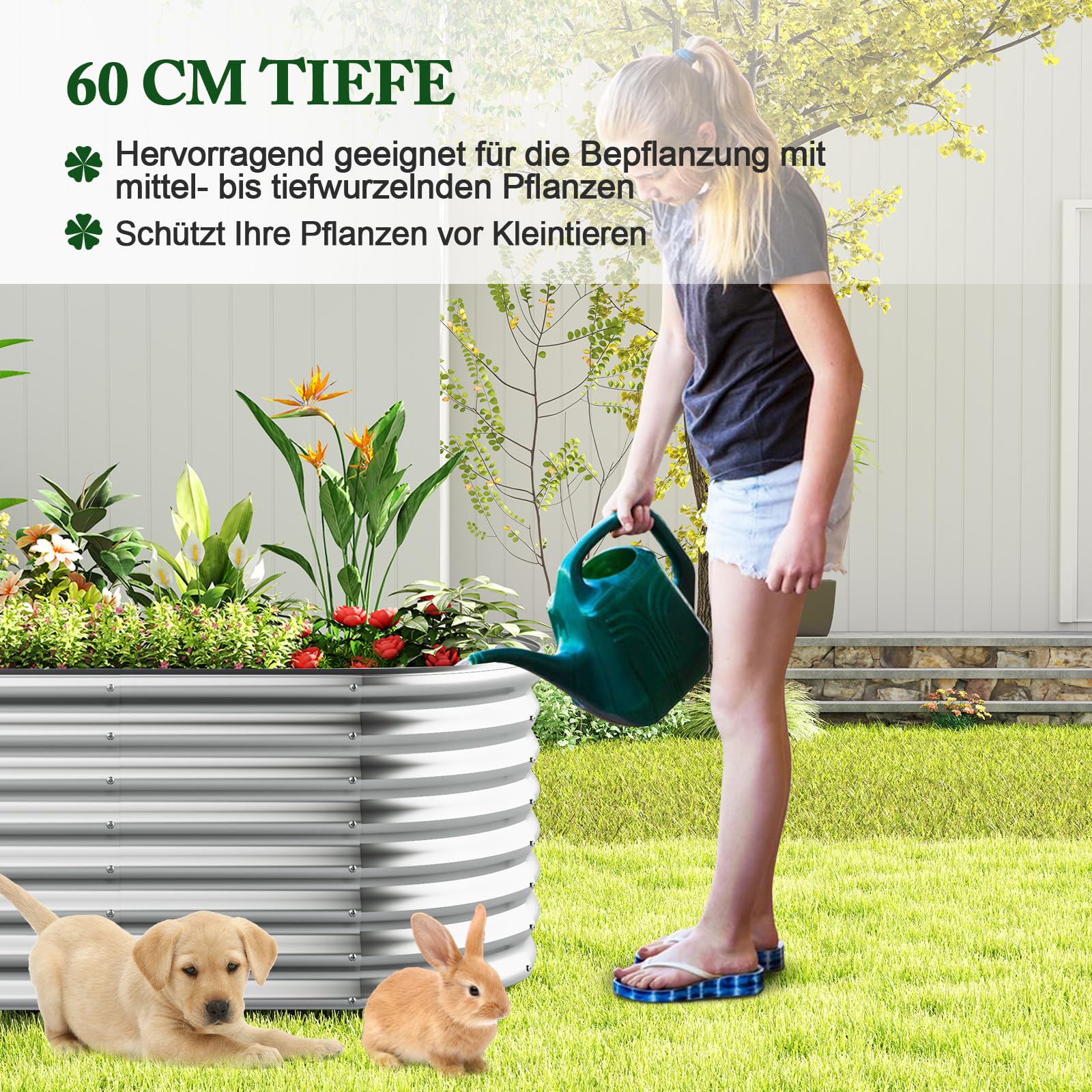 COSTWAY Hochbeet Metall Oval, Pflanzkasten für Garten, 165 x 80 x 60 cm, Frühbeet mit offenem Boden, Wellblech, Blumenbeet wetterfest, Pflanzentrog für Gemüse Blumen Kräuter (Silber)