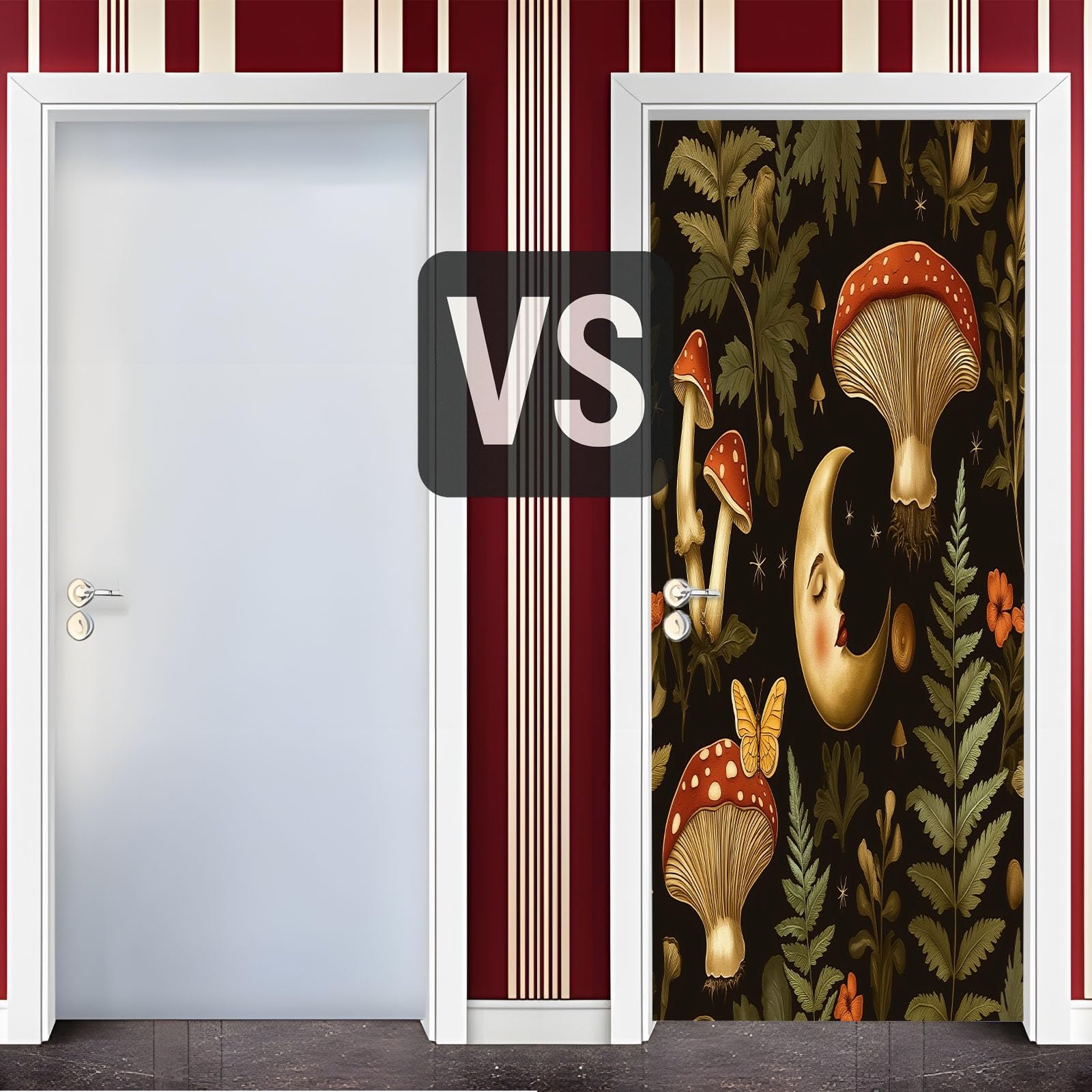 Tapeta na drzwi, samoprzylepna, paproć, grzyb, motyl, plakat na drzwi, czarna, naklejka na drzwi, wodoszczelna, zdejmowana fototapeta, obraz ścienny, do salonu, sypialni, łazienki, 90 x 200 cm (szer