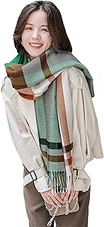 Alidamo Scarf Cashmere Feel Wool Tassel Pashmina Shawl Large Soft Blanket Scarves Plaid, Green-Coffee