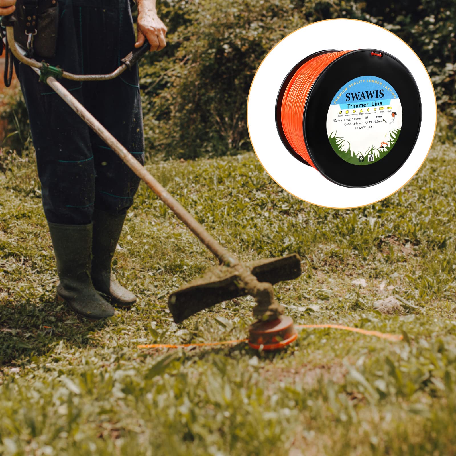 SWAWIS Filo di Ricambio per decespugliatore, 2,0 mm / 340 M, Rotondo, Filo di Ricambio per decespugliatore Weed Grass Yard o Garden, Arancione