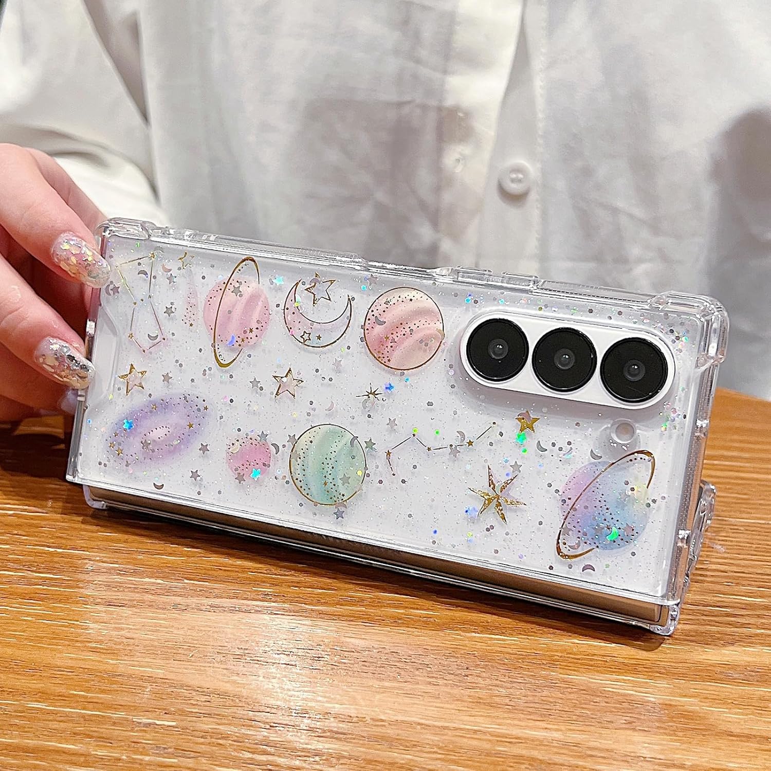 for Samsung Galaxy Z Fold 7 Clear Glitter Case,Cute Bling Sparkle Planet Space Stars Moon Universe Pattern Soft TPU Bumper Shockproof Women Girls Protective Case for Galaxy Z Fold 7 5G,Planet - Image 4