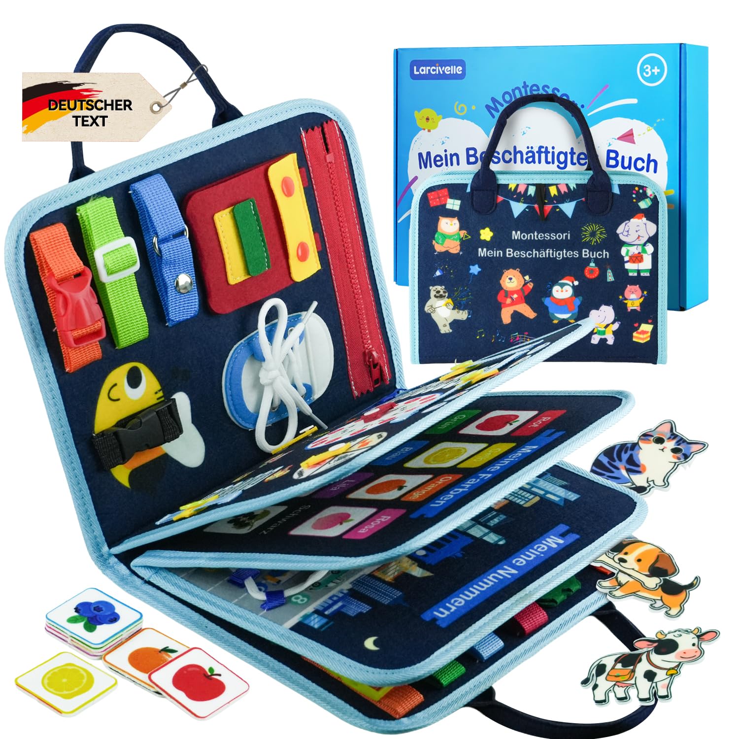 Busy Board & Quiet Book Montessori ab 3 Jahren – 8 Seiten Lernspaß mit Zahlen, Formen, Farben, Alphabet, Uhr und Alltagsskills – Deutsche Texte, Reise-Spielzeug für Kinder POGENC10
