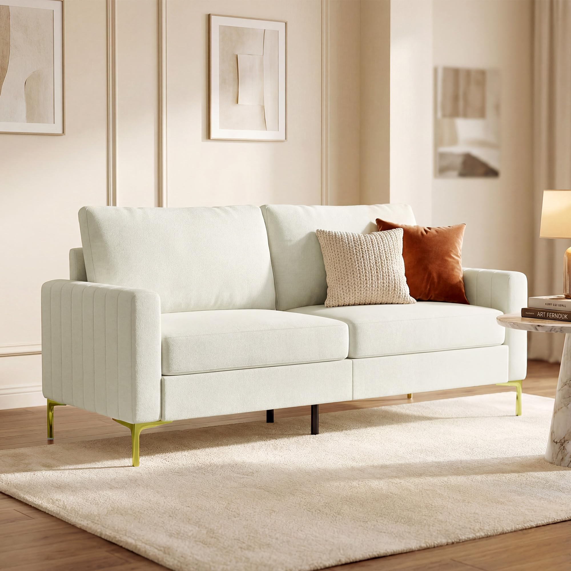 HOMCOM Sofá de 3 Plazas Tapizado en Terciopelo Sofá de Salón 181 cm Crema | Cojines Gruesos, Patas de Metal, Estructura de Madera, para Sala de Estar, Dormitorio, Oficina