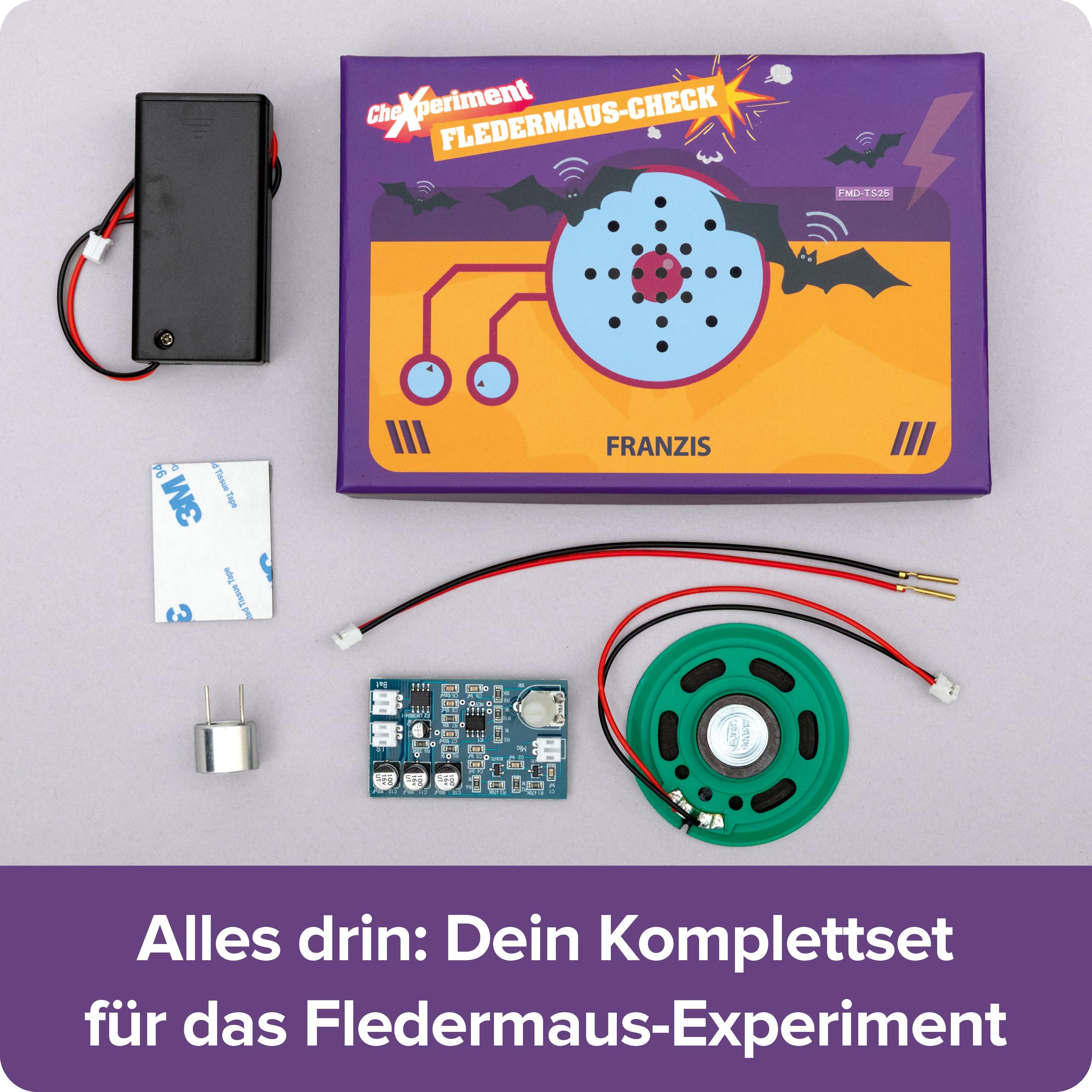 FRANZIS 67248 - CheXperiment Fledermaus Check, Baue mit Checker Tobi deinen eigenen Fledermausdetektor! Set mit Gehäusebox, Lautsprecher, Ultraschallsensor, Anleitung und weiterem Zubehör, ab 8 Jahren