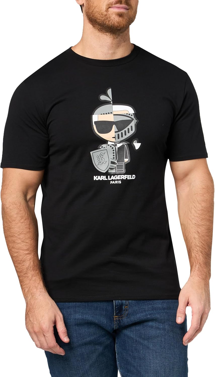 KARL LAGERFELD Men's Crewneck Short Sleeve Spliced Armor Karl Body Graphic Design Relaxed Fit T-Shirt, Black, Medium