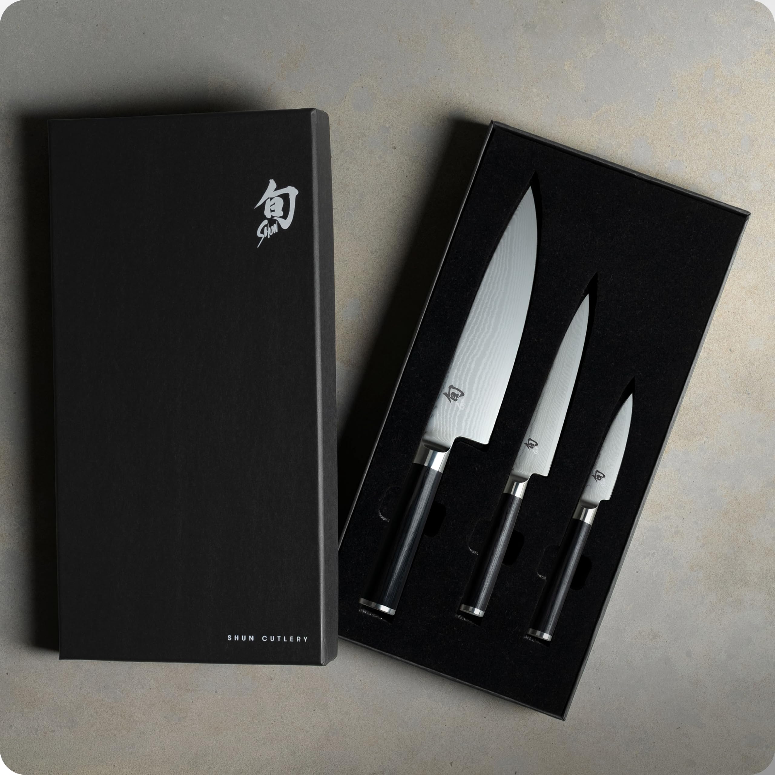 Shun KAI Classic japanisches Kochmesser 3er Set - Kochmesser 20 cm Klingenlänge + Allzweckmesser 15 cm Klingenlänge + Officemesser 9 cm Klingenlänge - Damastmesser 32 Lagen VG MAX Kern - Pakkaholz