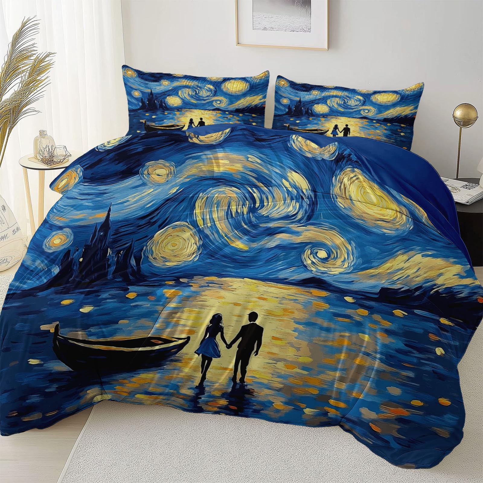 Sen Styl Gwiaździsta noc Van Gogha Para Kołdra z nadrukiem, 220 x 240 cm Pościel, Niebieski Zestaw poszewek na kołdrę z miękkiej mikrofibry, można prać w pralce, dla dorosłych i dzieci