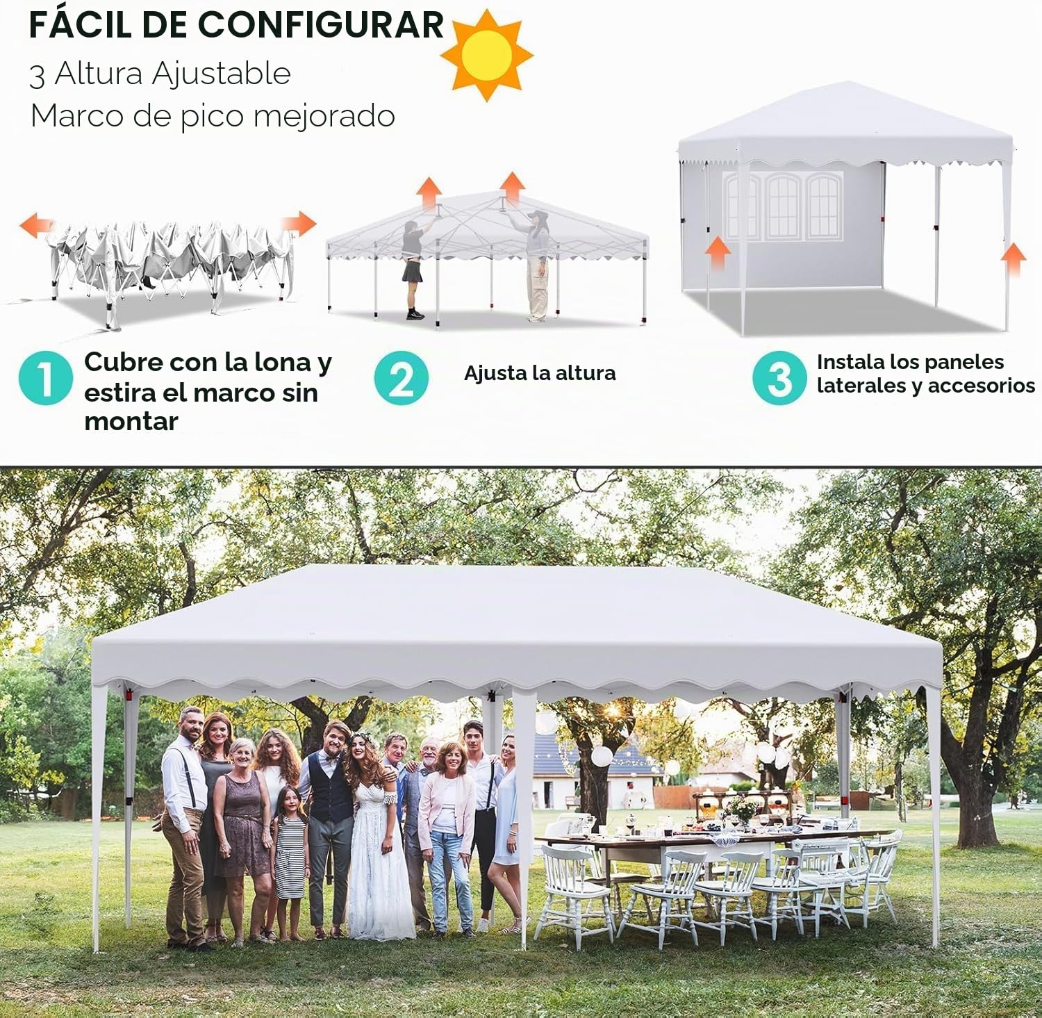 Carpa Plegable Pop-up 3x6M,Gazebo 3x6 con un Solo Empuje, Impermeable Pabellón de jardín con 6 Paneles Laterales, Tienda de campaña para Fiestas al Aire Libre, para Festival/Camping/Mercado, Blanco