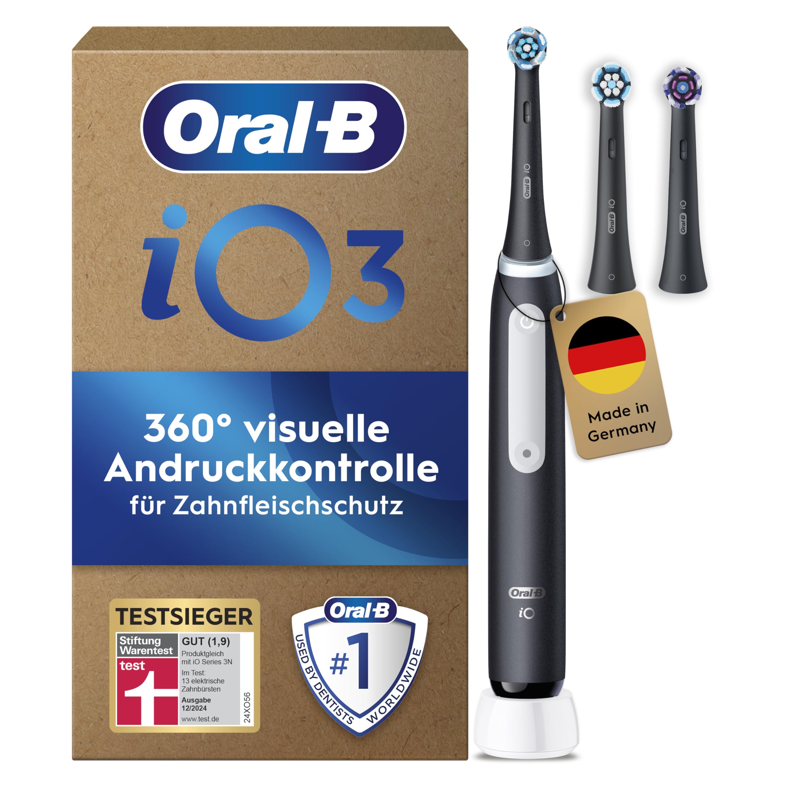 Oral-B iO Series 3 Plus Edition Elektrische Zahnbürste — Electric Toothbrush Inkl. 3 Aufsteckbürsten 3 Putzmodi für Zahnpflege Designed by Braun TESTSIEGER Stiftung Warentest (12-2024) — Schwarz
