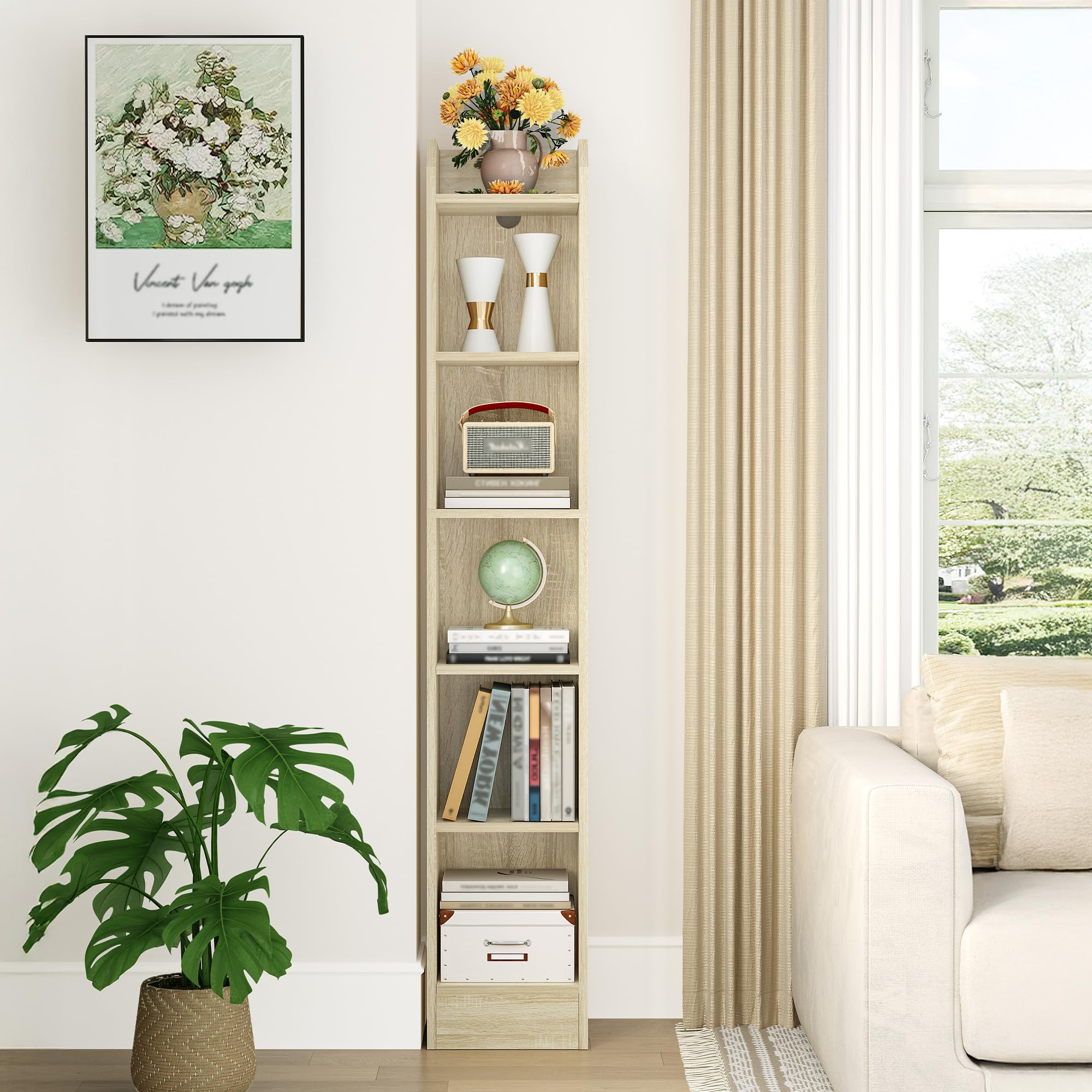 Hzuaneri Bookcase, 6-Tier Narrow Tall Bookshelf, Wooden Bookshelf with Adjustable Shelf, Open Storage Shelf for Bedroom, Living Room, Home Office, 24 x 30 x 169.5 cm, Oak Beige, BC06916X