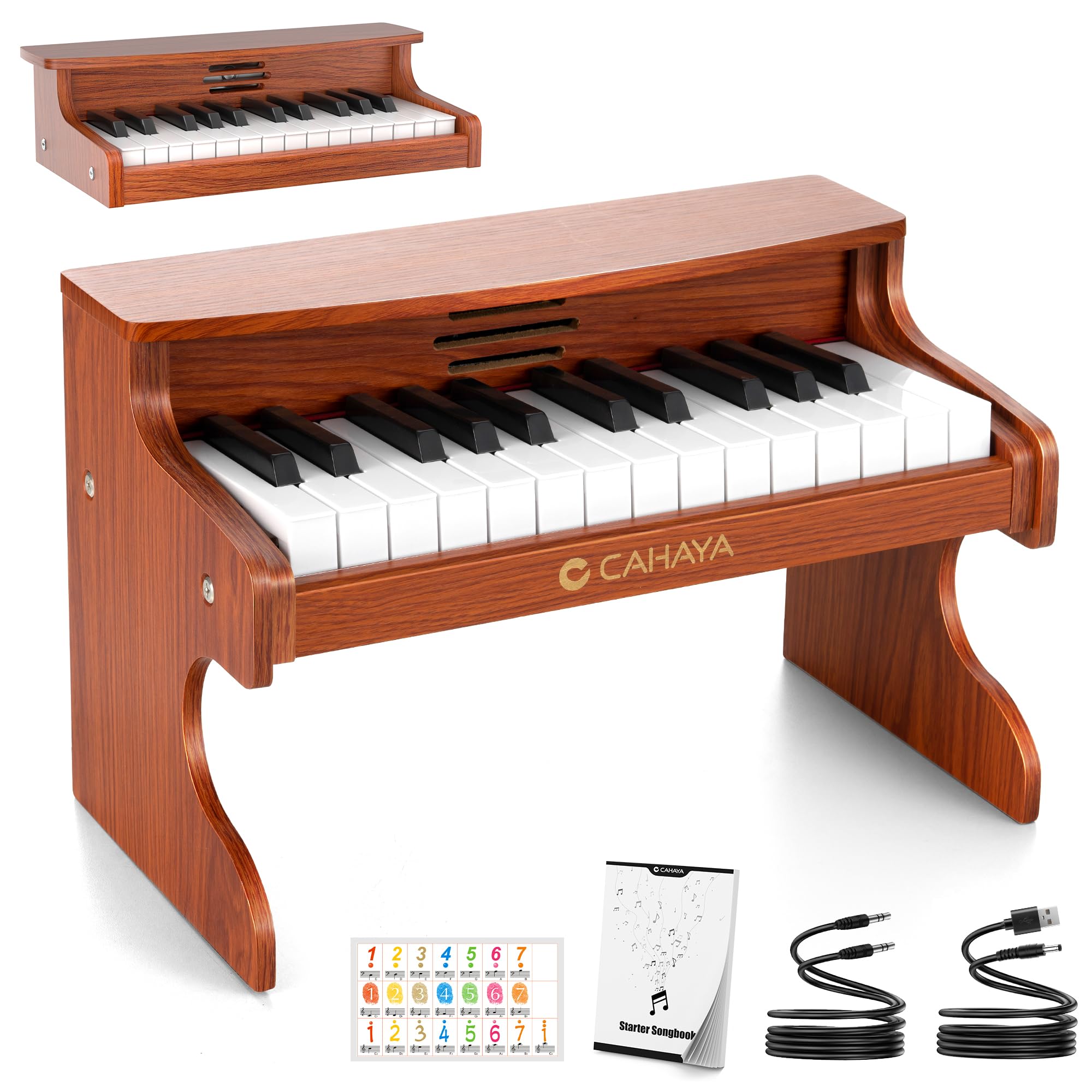 CAHAYA Piano Infantil de 25 Teclas - Piano Eléctrico para Niños de Madera con Partituras de Pianos y Pegatinas Indicadoras de Notas El Regalo Ideal para Jóvenes Músicos