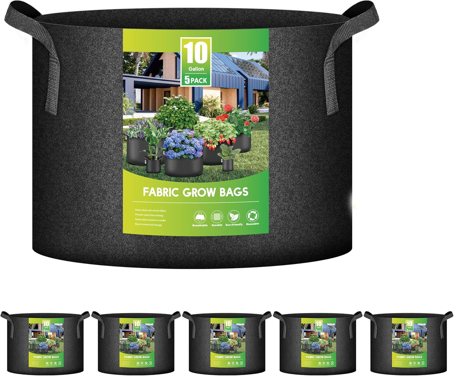 iPower 10-Gallon 5-Pack Grow Bags Fabric Aeration Pots Container with Strap Handles for Nursery Garden and Planting