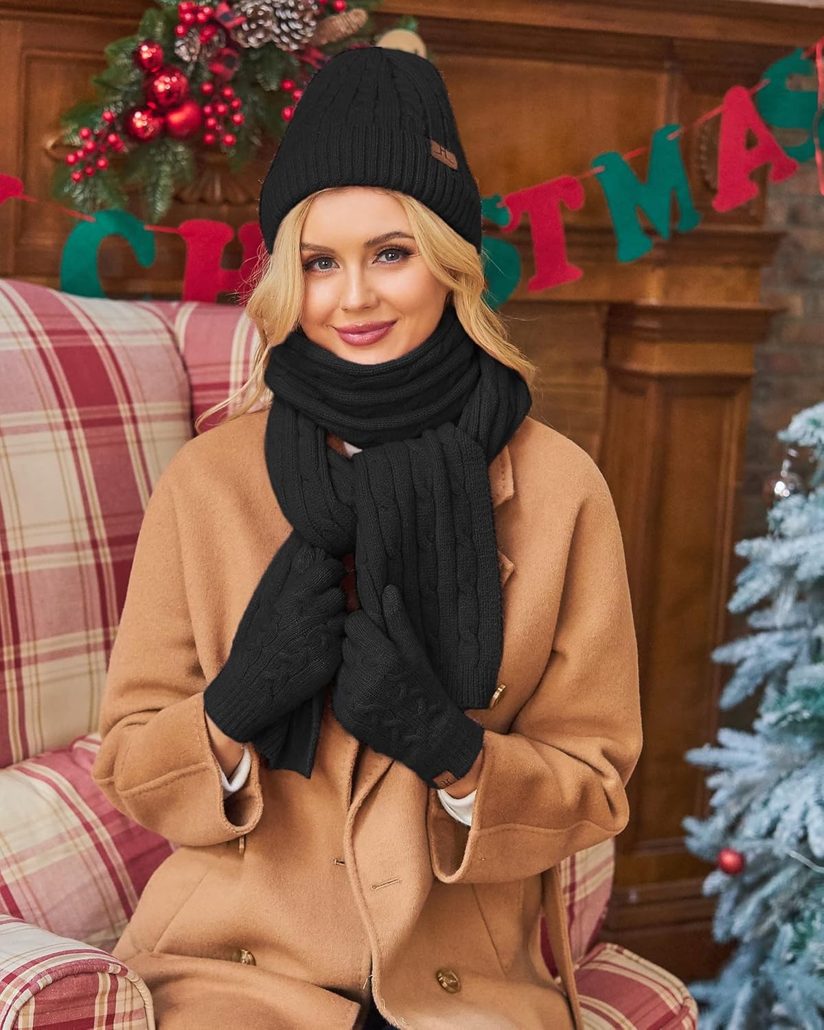 Womens Winter Beanie Hats Long Scarf Touchscreen Gloves Set Warm Knit Skull Caps Gifts for Women - Image 6