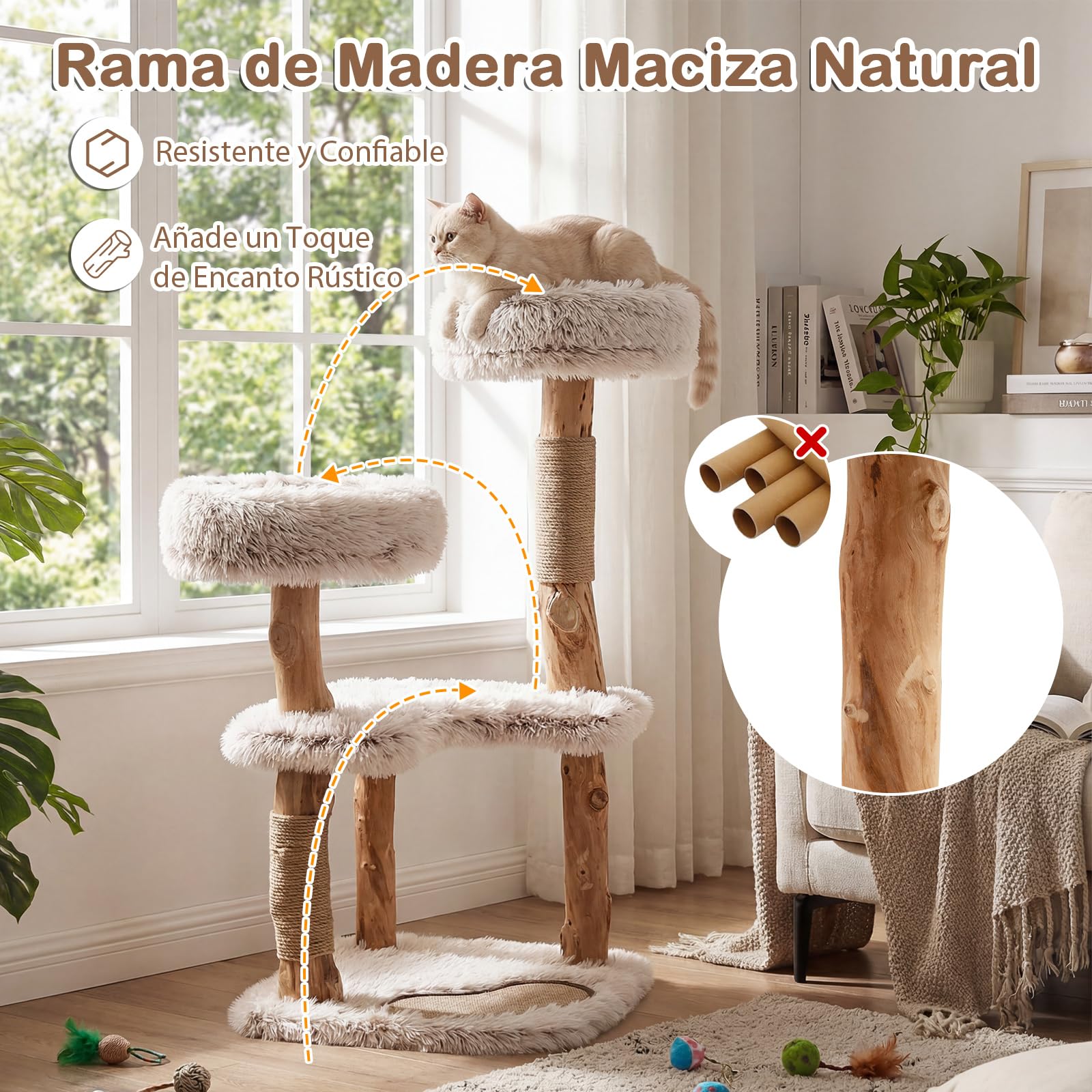COSTWAY 101 cm Árbol Rascador para Gatos de Madera Maciza, 4 Plataformas Acolchadas de Felpa, Postes Rascadores y Alfombrilla, Torre Rascador para Gatos en Forma de Ramas de Bohemio para Interior