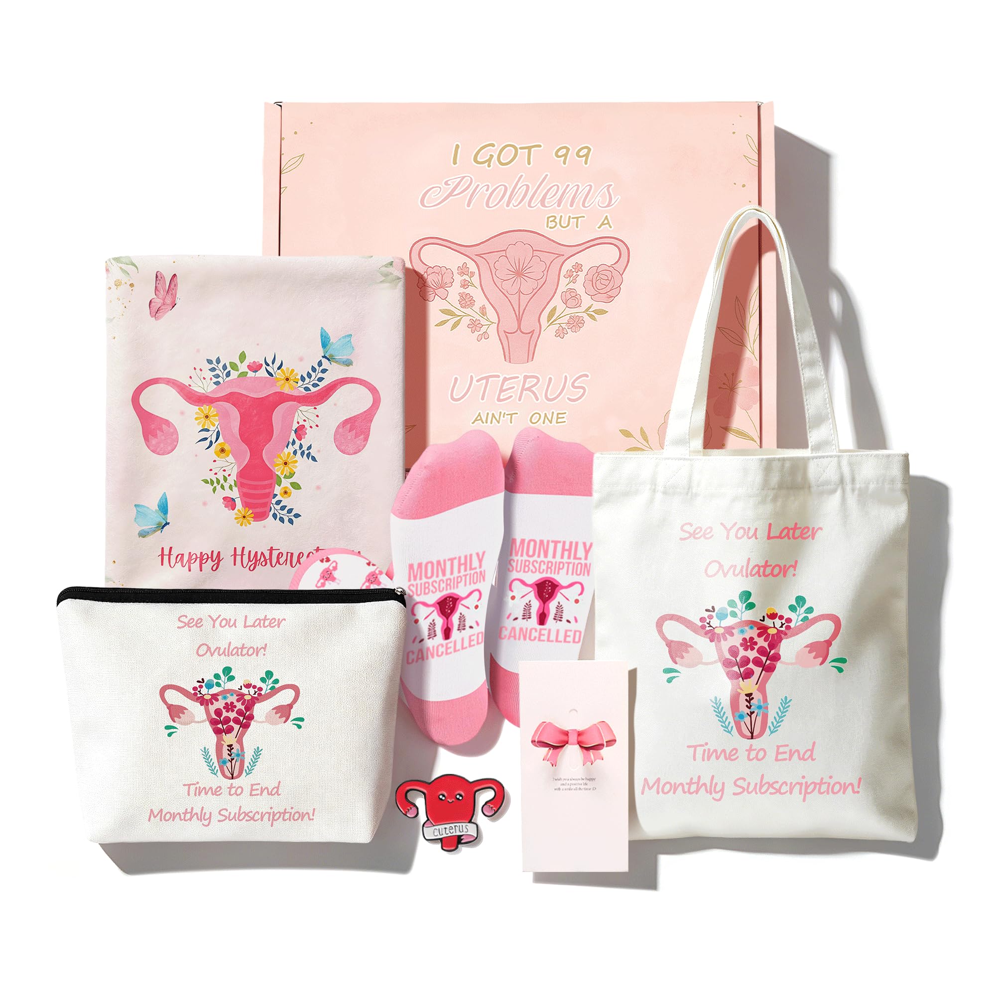 Hysterectomy Gifts for Women, 7pcs Uterus Gift Set,After Hysterectomy Recovery Blanket ,Encouraging Present With Tote Bag,Novelty Socks,Make Up Bag,Brooch,Stickers