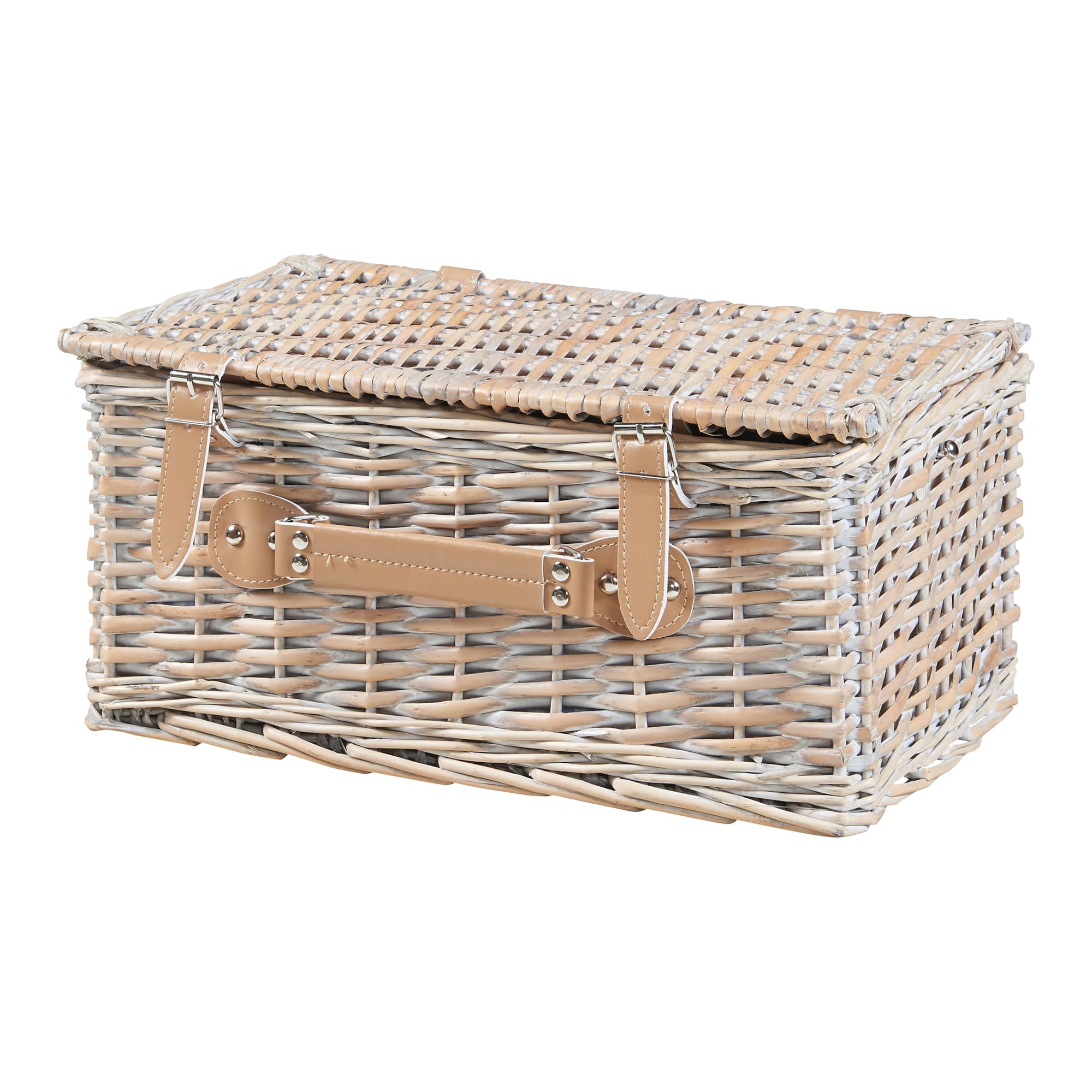 casa.pro Juego de Cesta de Pícnic para 4 Personas con Platos Cubiertos Espacio Amplio para Comida Refrescos Forro a Rayas Correas de Polipiel Mimbre 42 x 28 x 20 cm - Blanco/Azul