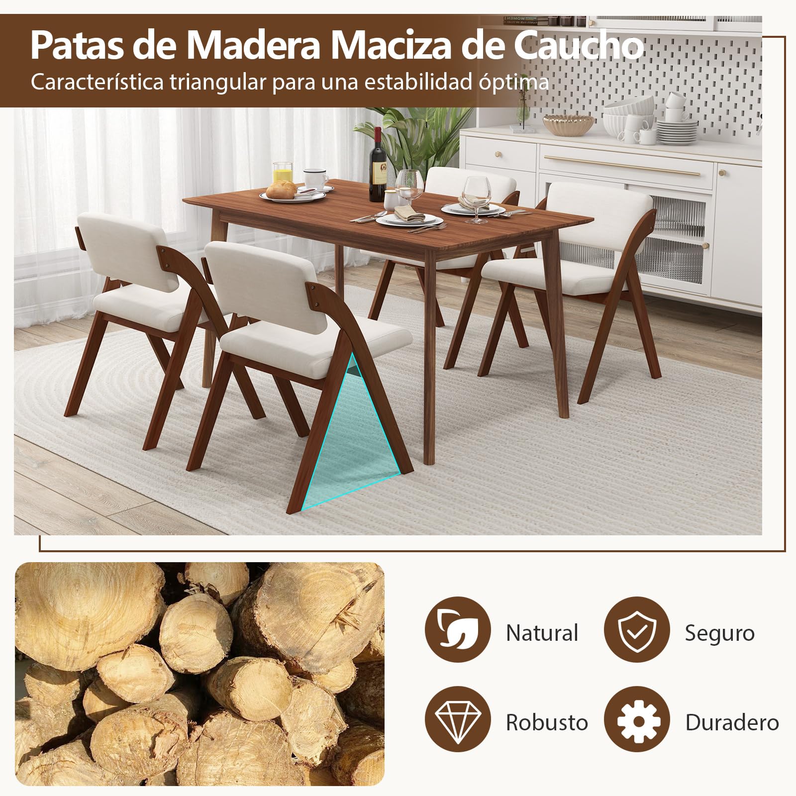 COSTWAY Juego de 2 Sillas de Comedor, Silla Plegable con Patas de Madera de Caucho, Asiento y Respaldo Acolchados, Silla de Cocina Portátil para Oficina y Cocina, 53 x 56 x 76 cm (Nogal y Beige)