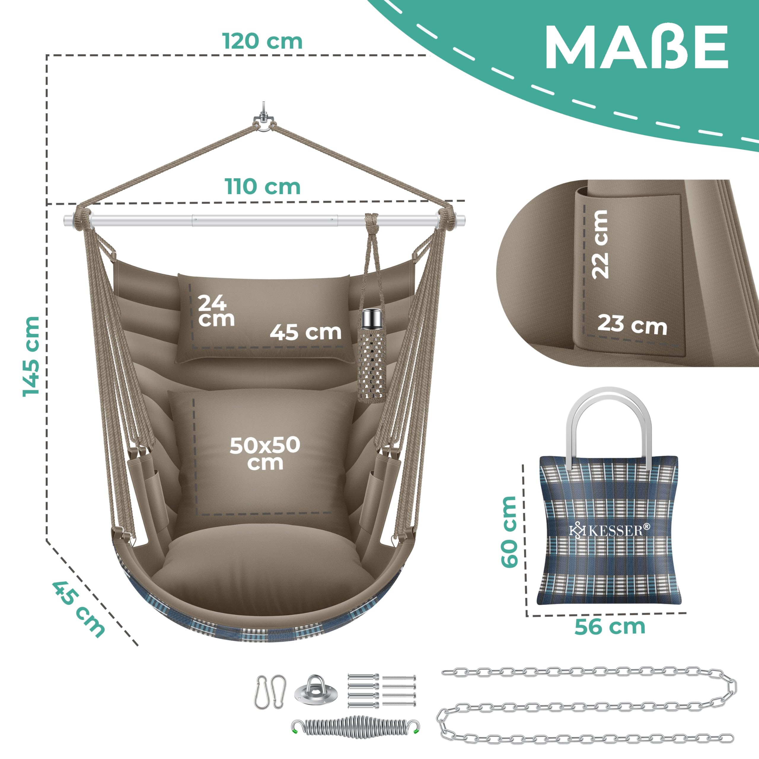 KESSER Chaise suspendue Haïti, capacité de charge de 150 kg, chaise suspendue rotative à 360°, balançoire suspendue intérieure extérieure résistante aux UV et imperméable, facile à entretenir, avec