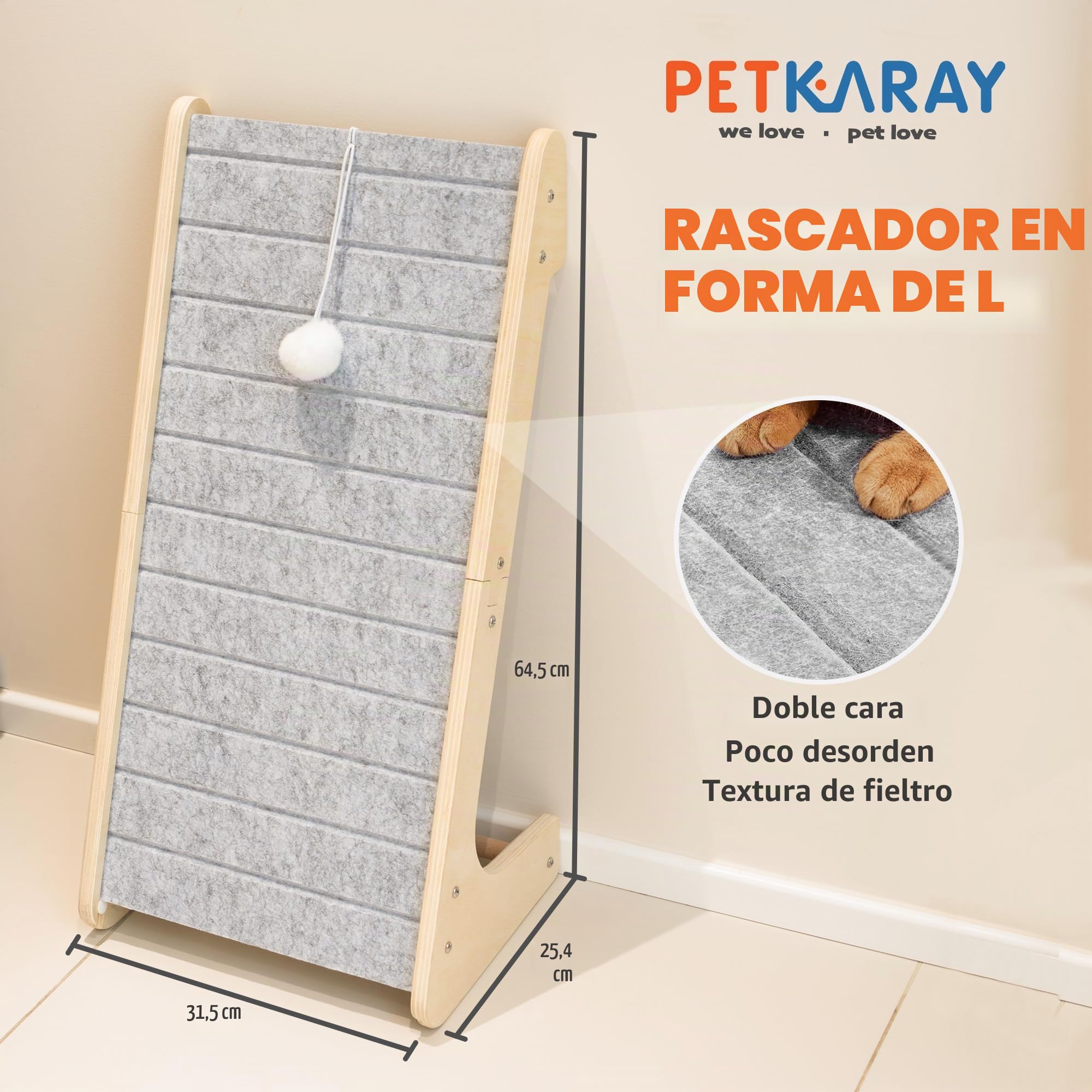 PETKARAY Rascador para Gatos de Fieltro con Forma de L, Alfombra Rascadora Antiarañazos con Bola de Juguete, Plataforma Rascadora sin Grietas, Gris Claro