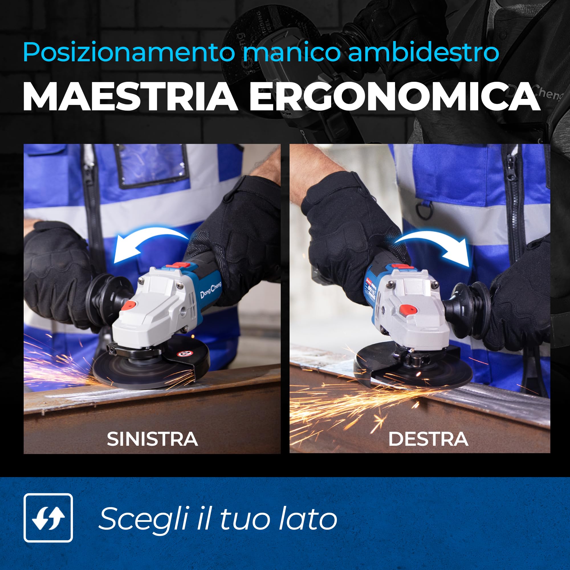 DongCheng Smerigliatrice angolare a batteria 20V 125mm, Motore Brushless da 630 W, copertura a sgancio rapido, impugnatura antivibrante, 2 dischi abrasivi, 2 dischi da taglio, batteria da 4,0 Ah