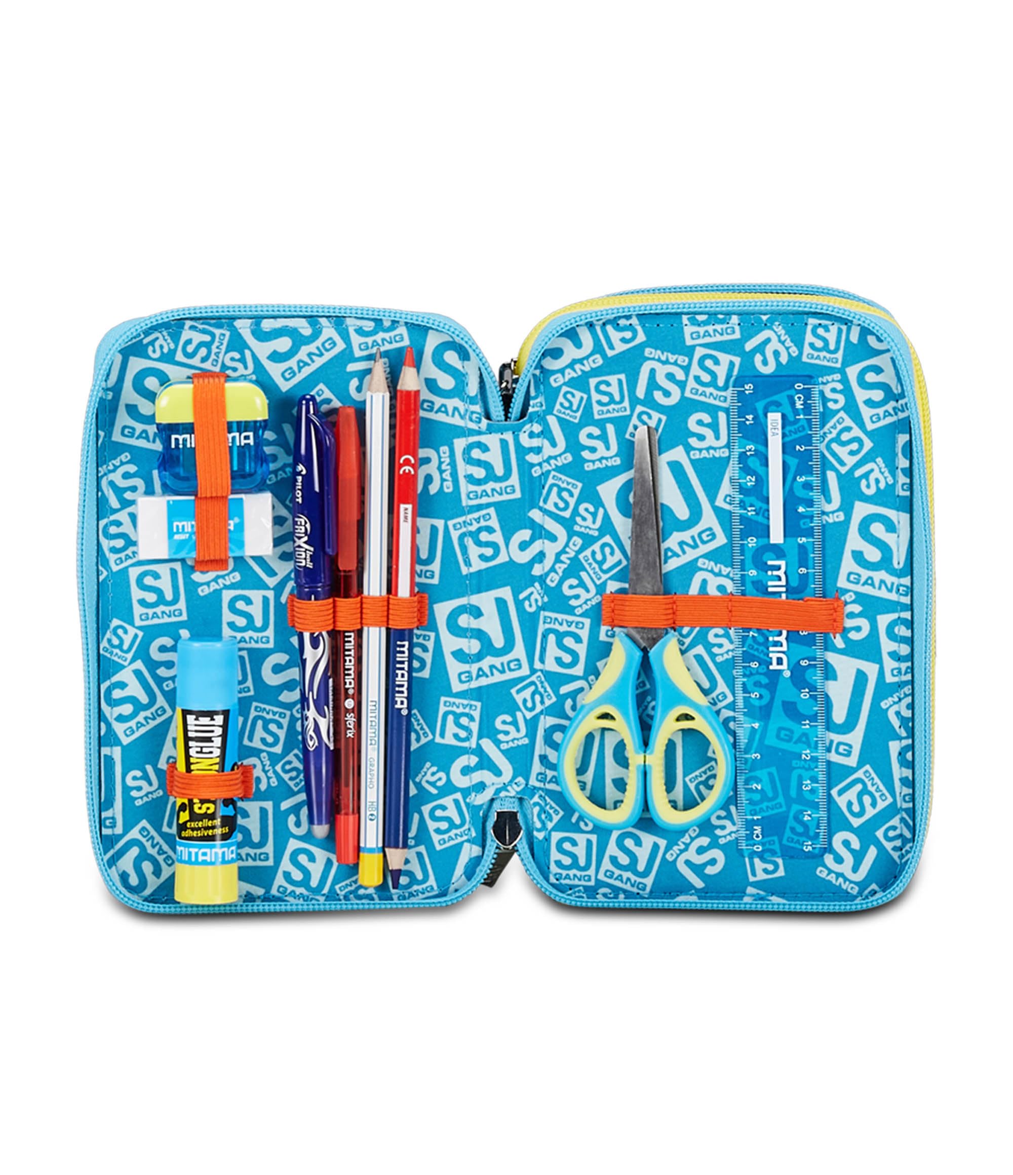SJ Gang Astuccio Scuola 3 Zip, Blu, Go To Space, Portapenne Triplo Scomparto Completo Di Penne, Matite, Colori, Accessori Zaino, Elementari, Medie, Bambino, 30C202428-519
