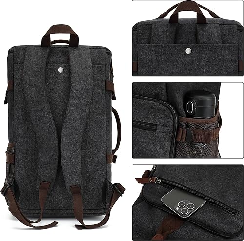 Miniatura 3 de Kalesi Bolsa de lona para gimnasio, mochila de lona vintage de 4 vías con compartimento para zapatos para viajes, deporte, senderismo, laptop (negro)