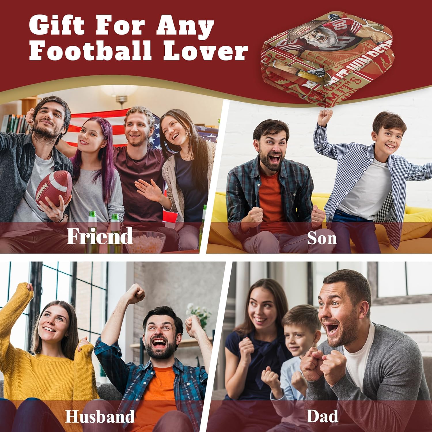 Football Blanket Football Style Throw Blanket 80"x60" Fan Gifts for Men Soft Flannel Red Sofa Bed Couch.