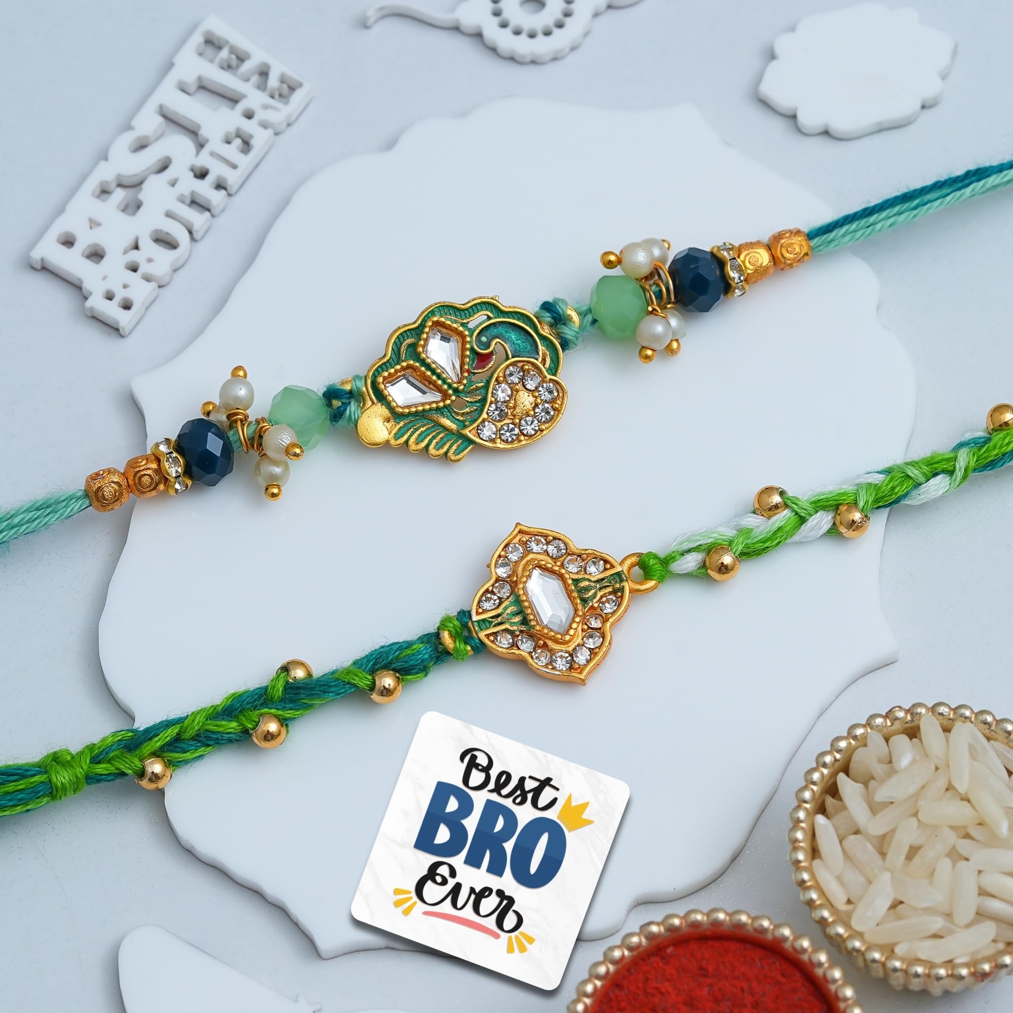 eCraftIndia Peacock Floral Designer Rakhi Set of 2 | Rakhi for Brother Bhaiya Bhai with Best Bro Ever Fridge Magnet | Roli Chawal Pack-picture-14