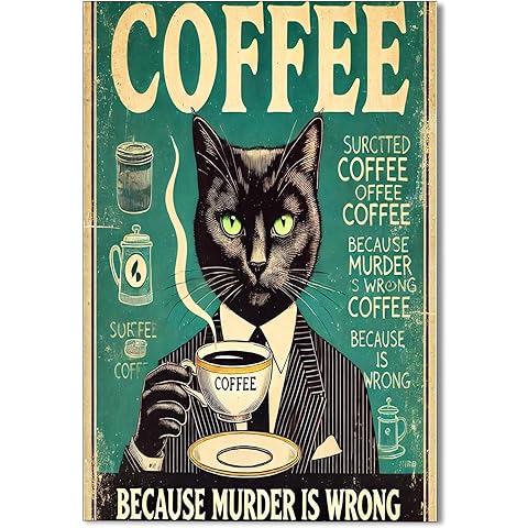 Jiaoweibao Retro Black Cat Coffee Wall Art Vintage Poster Coffee Because Murder Is Wrong Funny Cat Canvas Print Gift For Kitchen Wall Art Picture Decor For Home Bar Kitchen 12X16in-Unframed